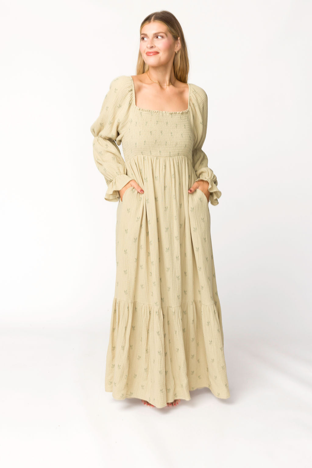Emerson 100% Cotton Gauze Maxi Dress in Thyme - Bump Friendly Maternity Dress for Pregnancy, Nursing & Postpartum | Comfortable Summer Boho Dress for Beach, Vacation & Casual Wear
