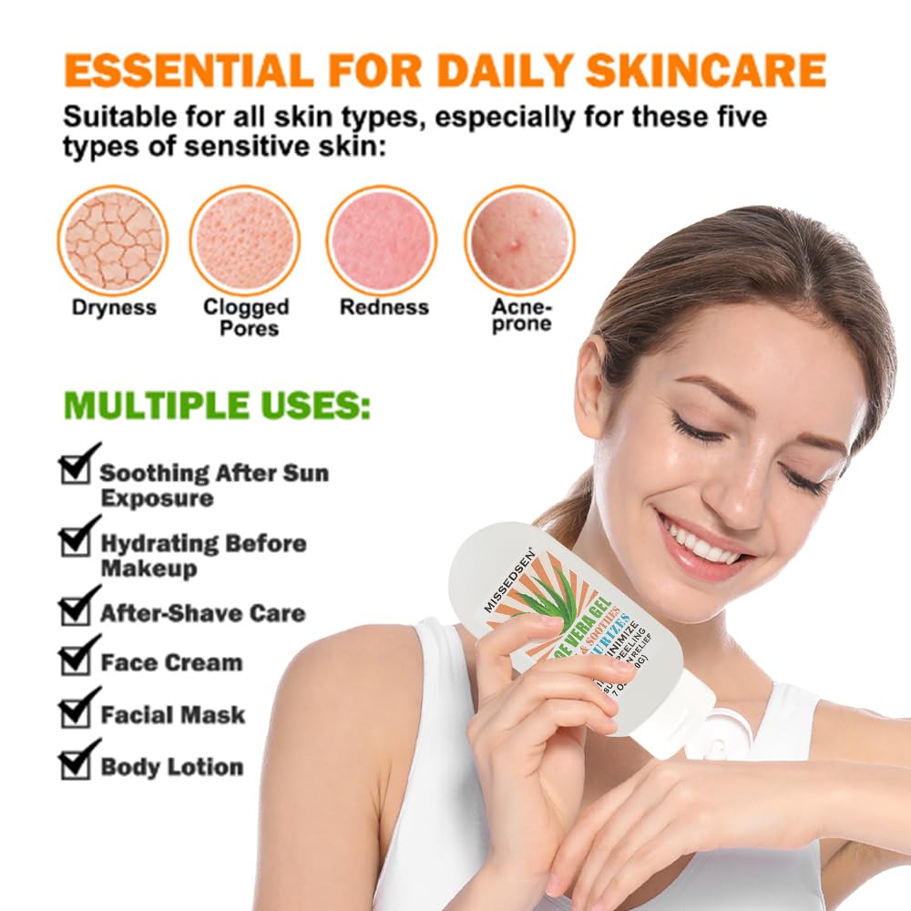 Organic Aloe Vera Gel for Face & Body - Sunburn Relief & Soothing Moisturizer with Mint Cooling Effect | After Sun Care, Hydrates Skin, Scalp & Hair | Overnight Sleep Mask | 7 oz | Perfect for Sunburn Recovery, Daily Moisturizing & Hair Hydration