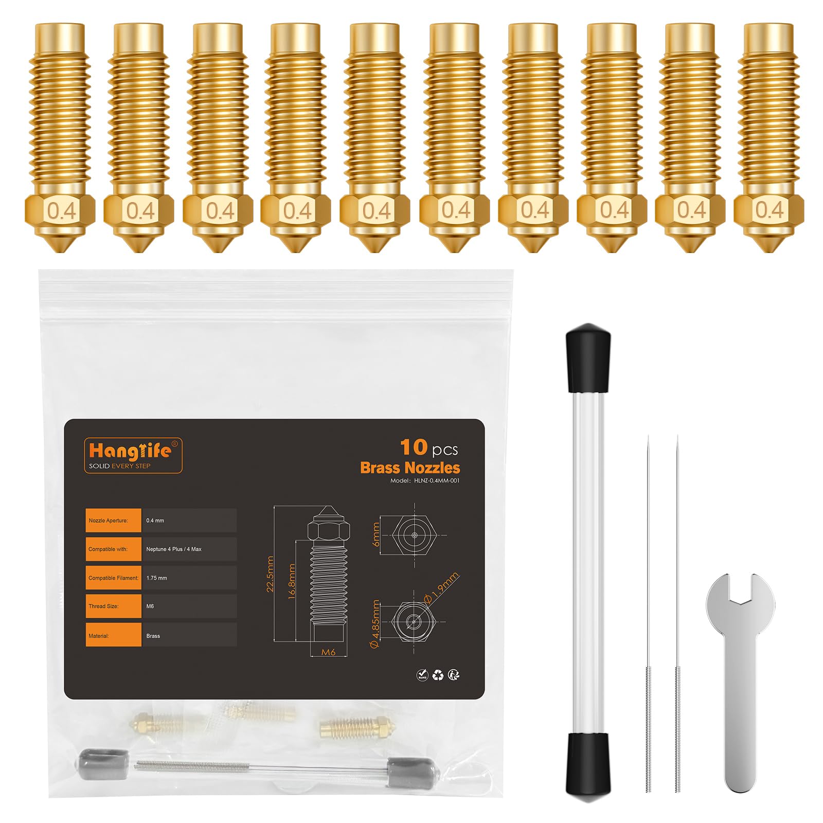 0.4mm Nozzle Kit for Elegoo Neptune 4 Plus/Max 3D Printer - 10pcs High-Quality Brass Nozzles with Cleaning Needles & Wrench - Essential 3D Printing Accessories for Smooth Printing Experience - Perfect for PLA, ABS, PETG Filaments