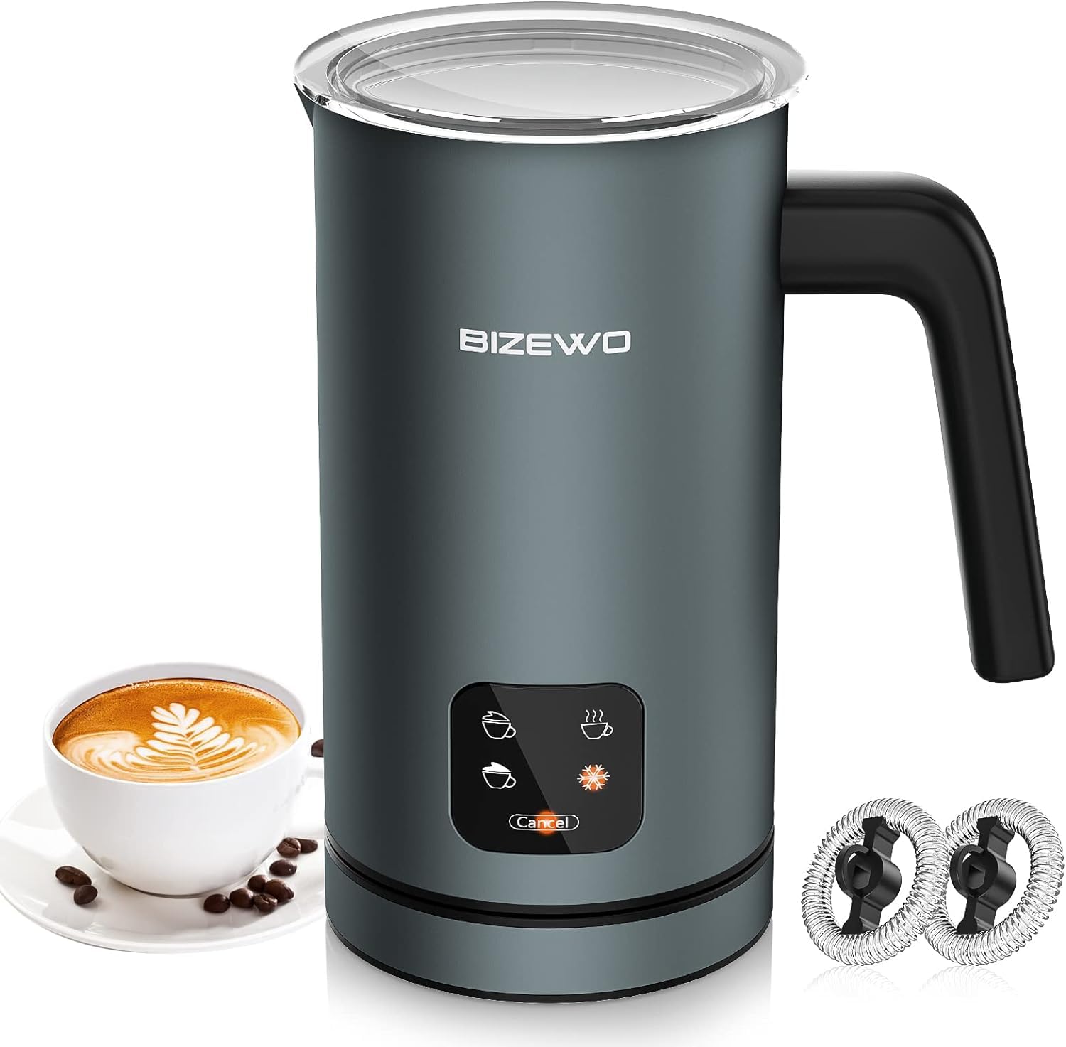 BIZEWO Electric Milk Frother - 4-in-1 Automatic Milk Warmer & Steamer with Touch Screen for Coffee, Latte, Cappuccino - Stainless Steel Warm & Cold Foam Maker for Home, Office, Coffee Shop Use