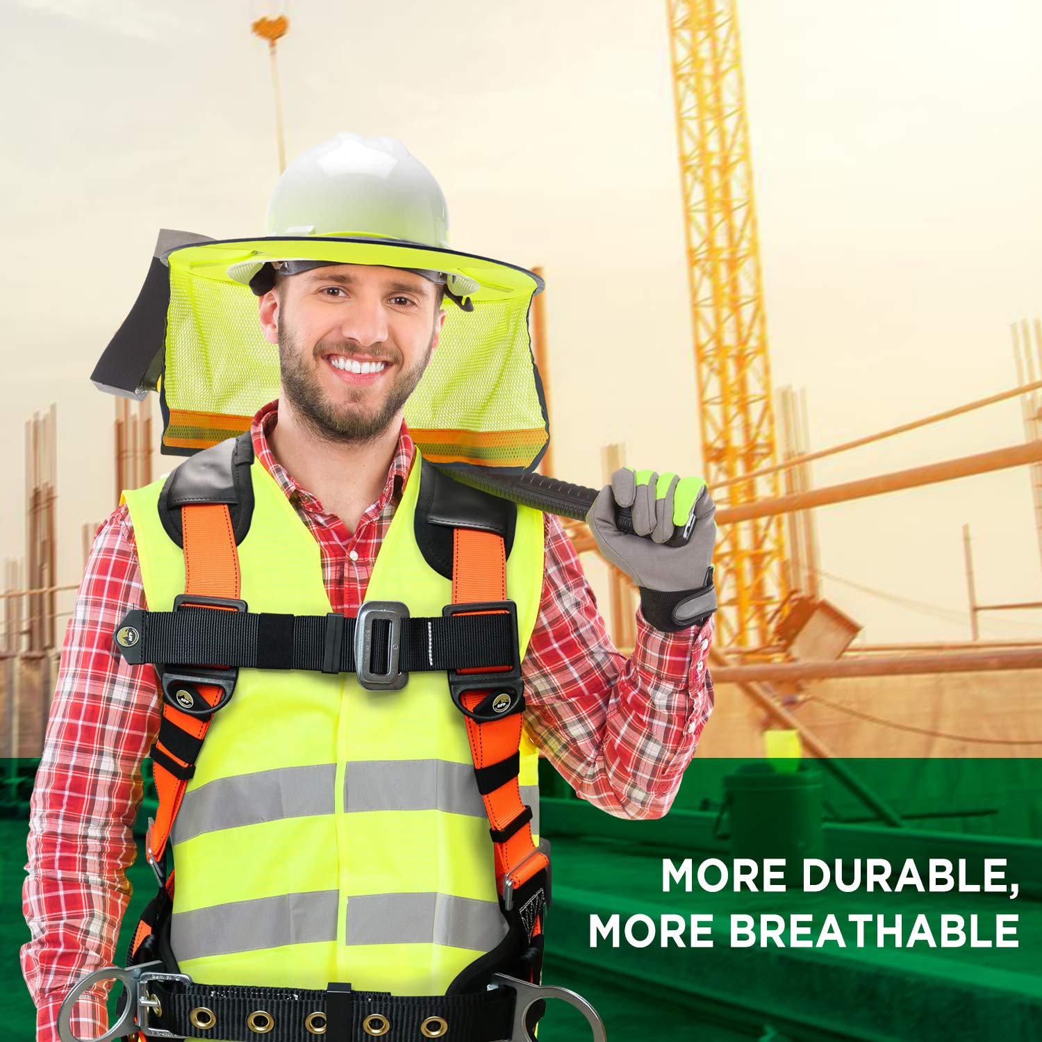 Wolf High-Visibility Orange Reflective Full-Brim Hard Hat with Mesh Sun Visor & Neck Shade - ANSI Certified for Construction, Road Work & Outdoor Safety