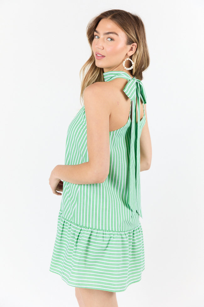 Firefly Glow Green & Ivory Striped Halter Neck Dress for Women | Summer Beach Party & Cocktail Evening Wear