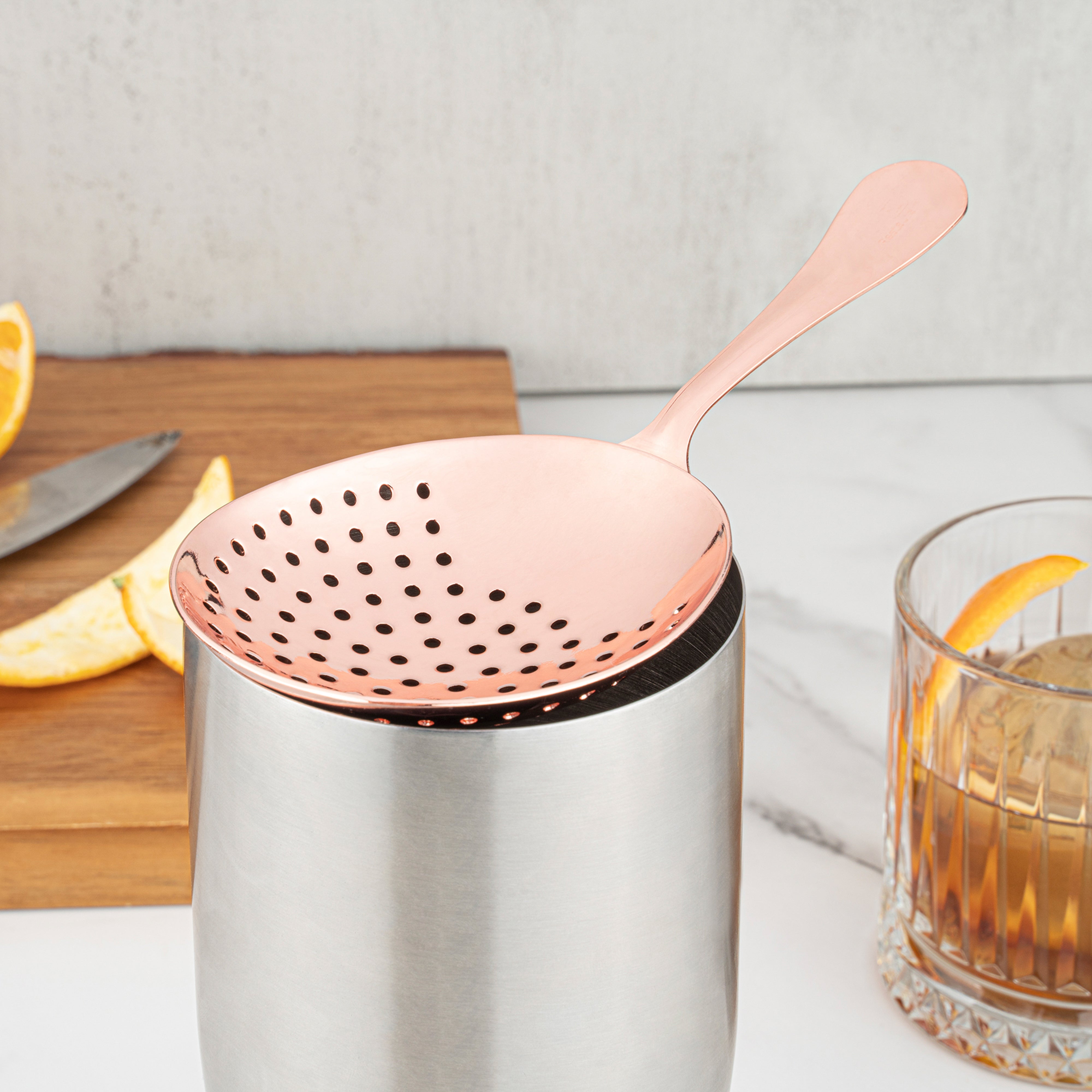 Premium Copper Plated Stainless Steel Julep Strainer - 6.5 Inch Cocktail Bar Tool for Mint Juleps & Classic Cocktails - Perfect for Home Bars & Professional Mixology