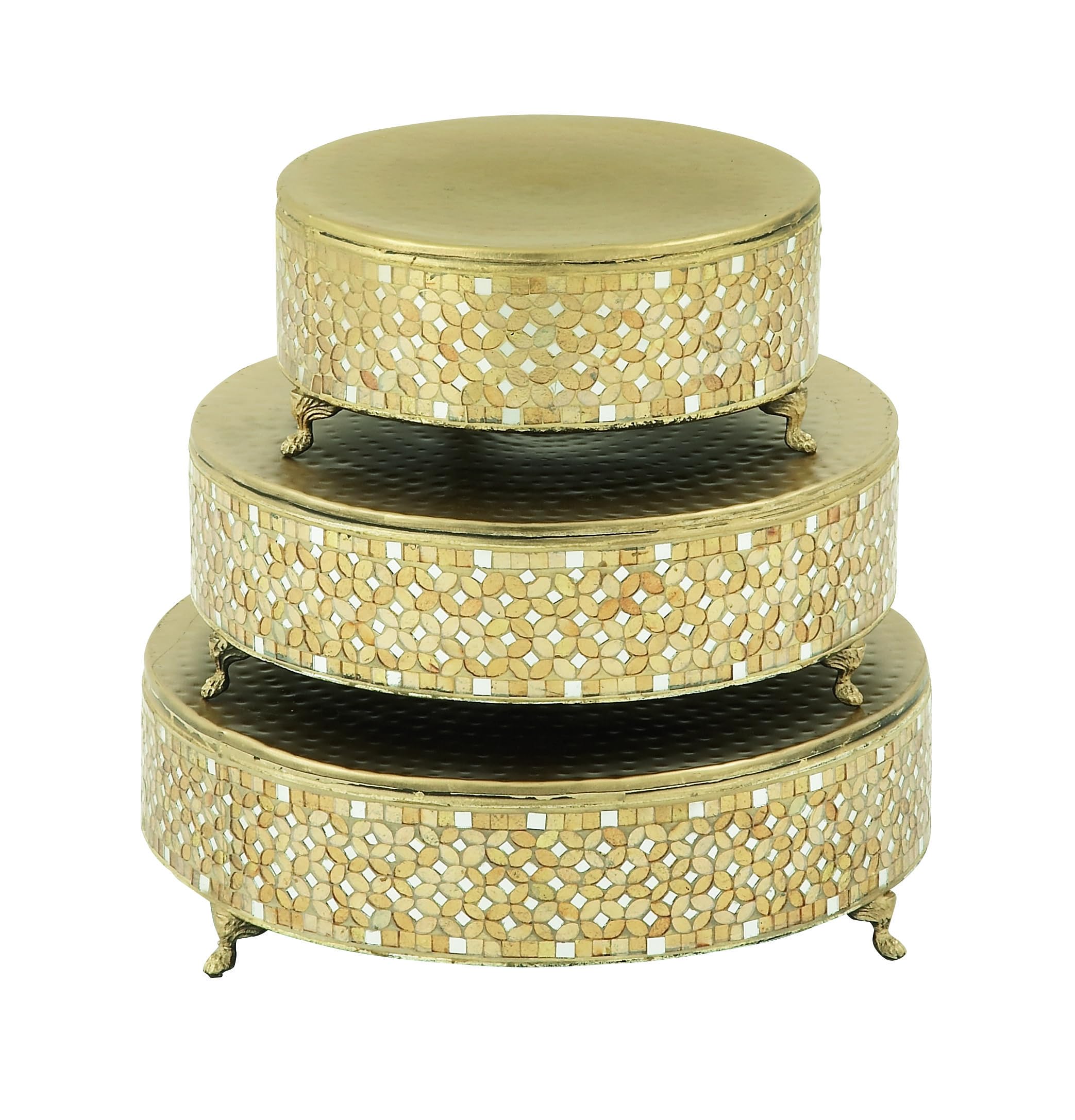 Deco 79 3-Tier Gold Metal Cake Stand Set with Mirrored Mosaic Patterns & Scrolled Feet - 19