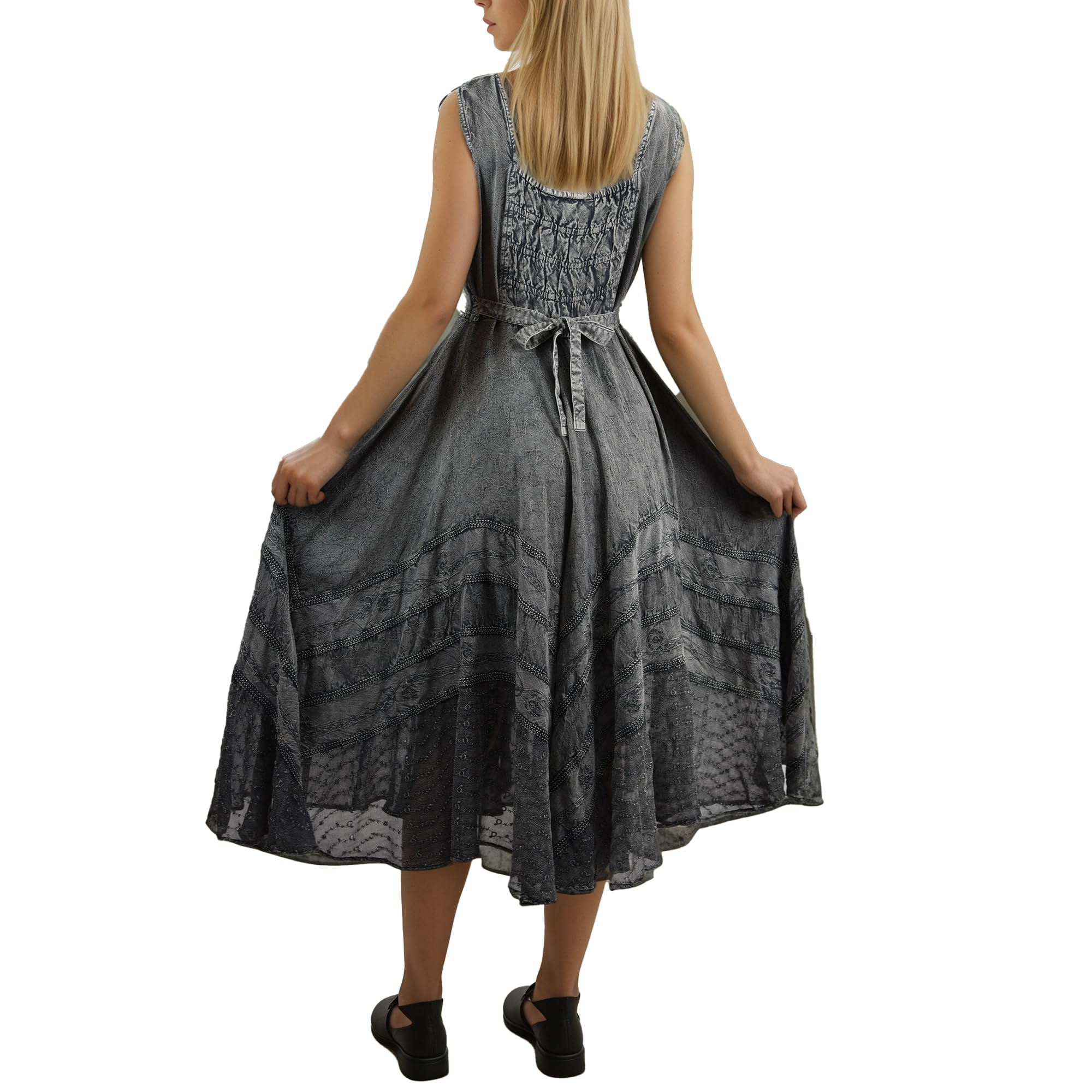 Agan Traders Women's Gothic Corset Smocked Maxi Dress - Sleeveless Embroidered Summer Dress with Twirl Design, Calf Length for Spring/Summer 2025 | Perfect for Weddings, Parties & Gothic Fashion Events