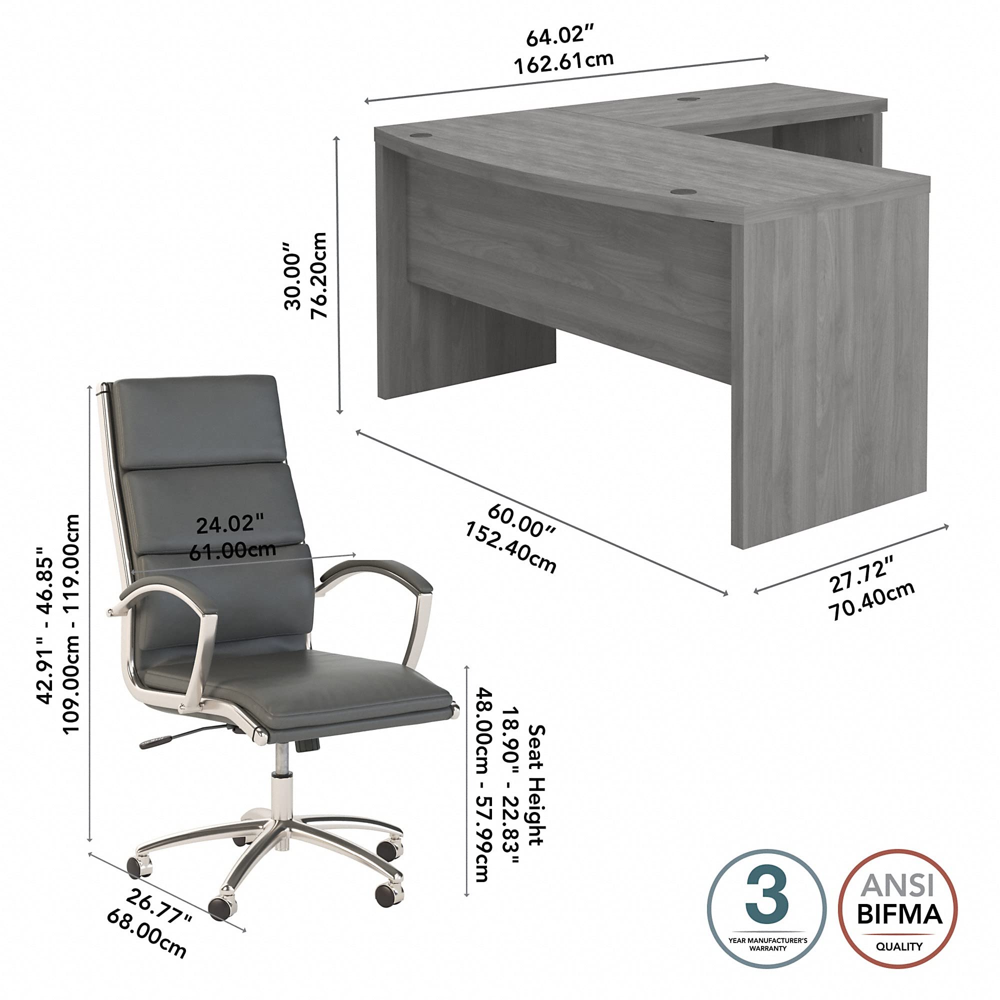 Bush Business Furniture Echo L-Shaped Bow Front Desk with High Back Executive Chair - Modern Gray Home Office Desk for Professionals & Remote Work