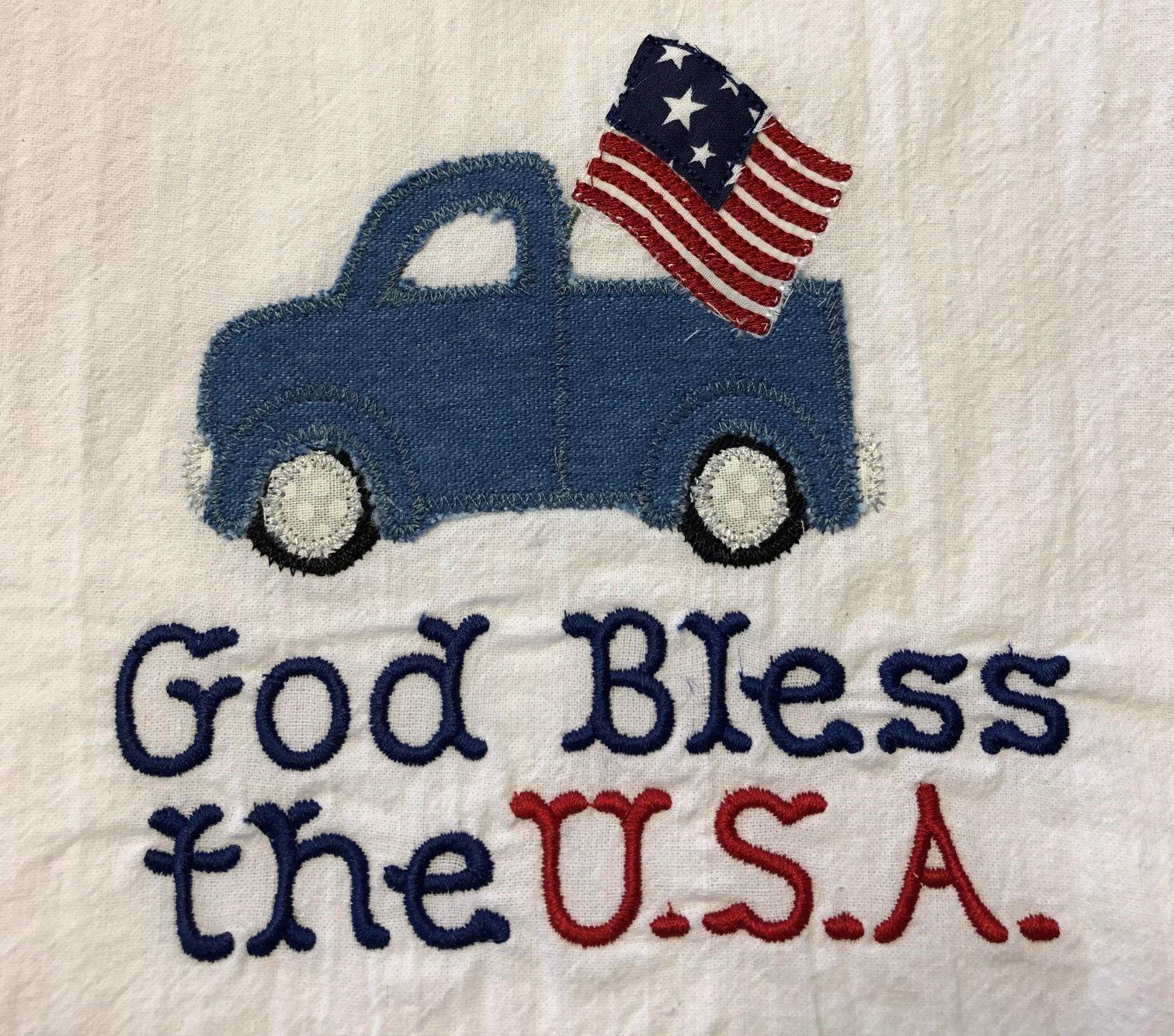 Patriotic Tea Towel with Retro Truck & Flag Applique - God Bless USA Machine Embroidered Dish Towel - Perfect for 4th of July Decor, Kitchen Decorations & Gift Giving