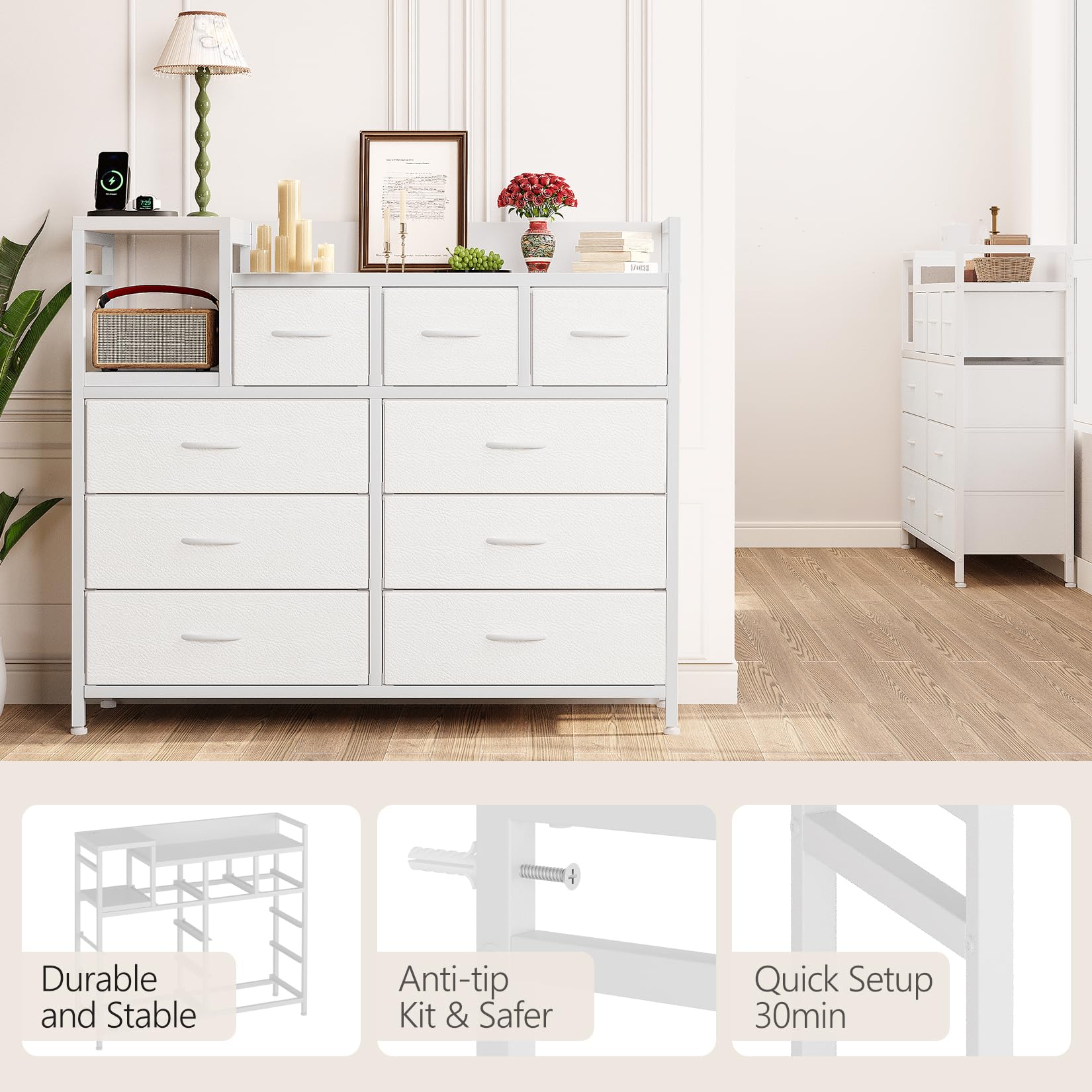 Jojoka White TV Stand with 9 Drawers & Built-in Charging Station - Modern Entertainment Center for Living Room, Bedroom & Home Office - Perfect for Organizing Electronics, Media & Storage Needs