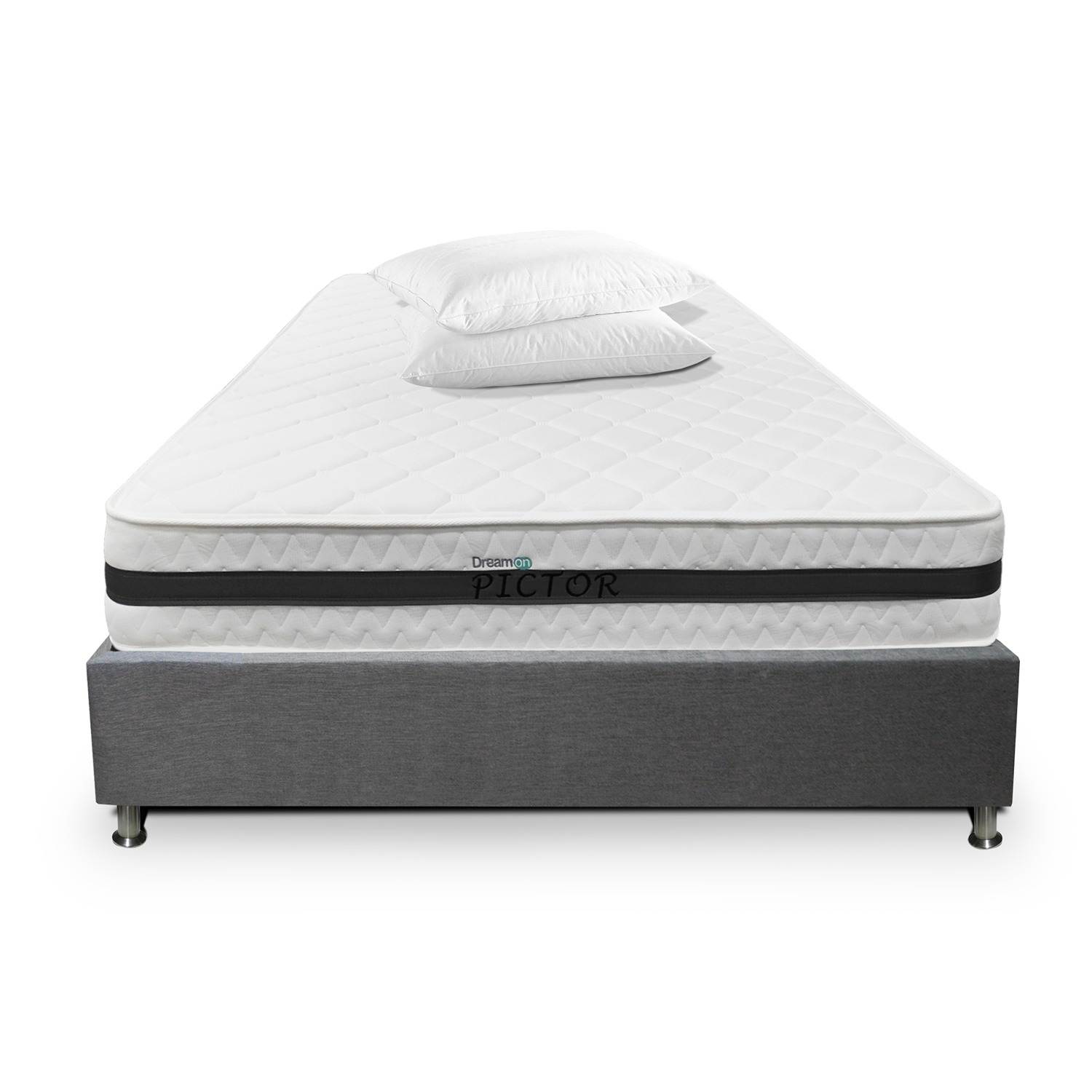 DreamOn Pictor Grey Queen Size Bed Frame & Mattress Combo Set (160cm) with 2 Pillows - Perfect for Modern Bedrooms & Guest Rooms