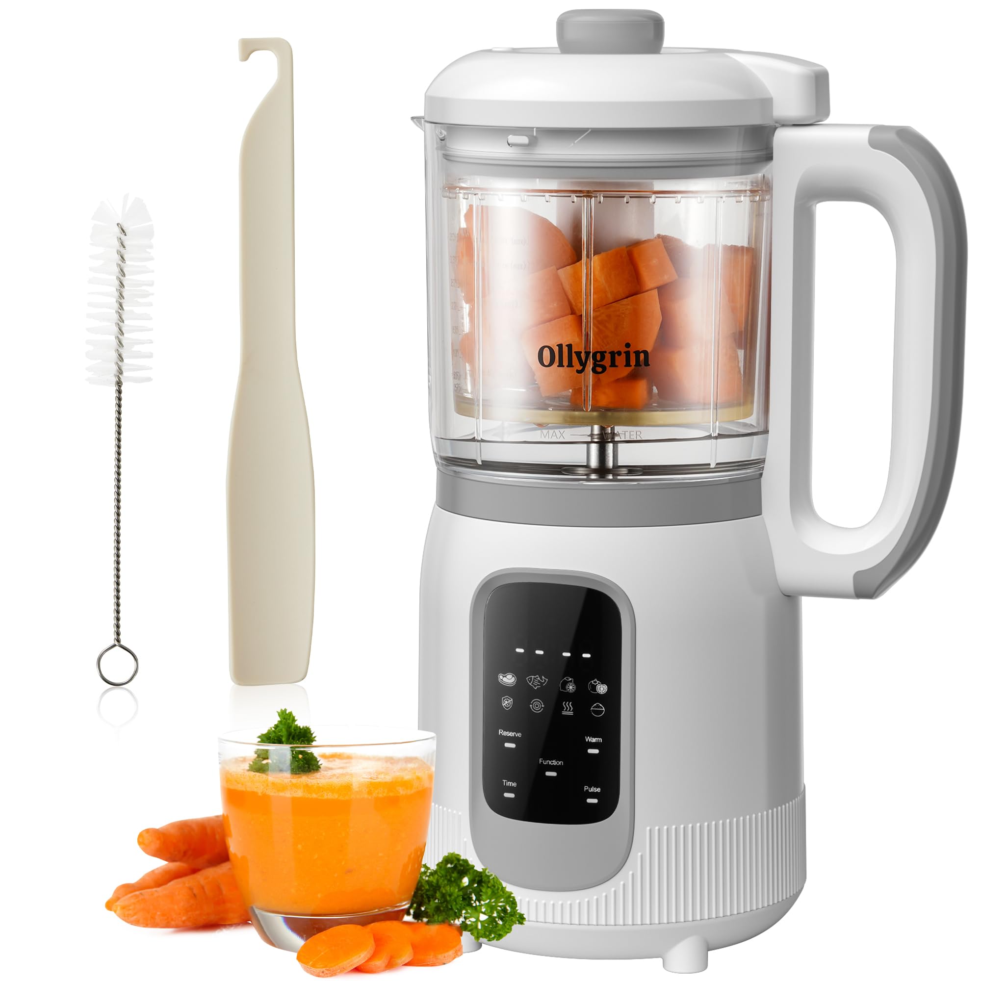**Ollygrin Baby Food Maker - 4-in-1 Steamer, Blender, Grinder & Puree Machine for Infants | Auto Cooking & Touch Screen | Perfect for Homemade Baby Food Prep (White)**    **Usage Scenarios:** Ideal for busy parents to quickly prepare fresh, healthy baby food at home, perfect for steaming veggies, blending fruits, and grinding meats for homemade purees.