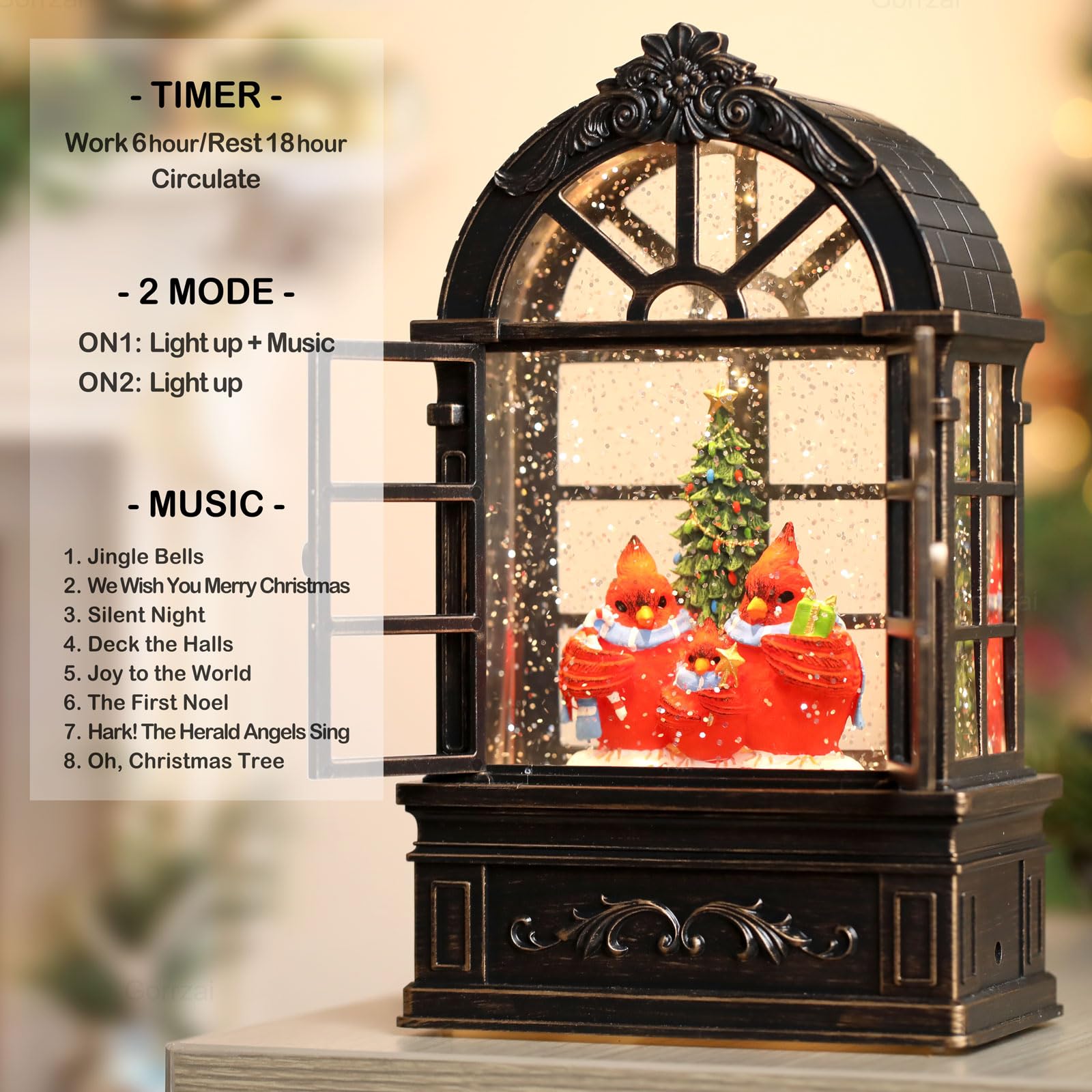Cardinal Snow Globe with Arched Window - Christmas Decor with Timer & Music, USB/Battery Powered for Tree & Home - Perfect for Holiday Gifts & Family Decorations (Use for Mantel, Tabletop, or Office Display)