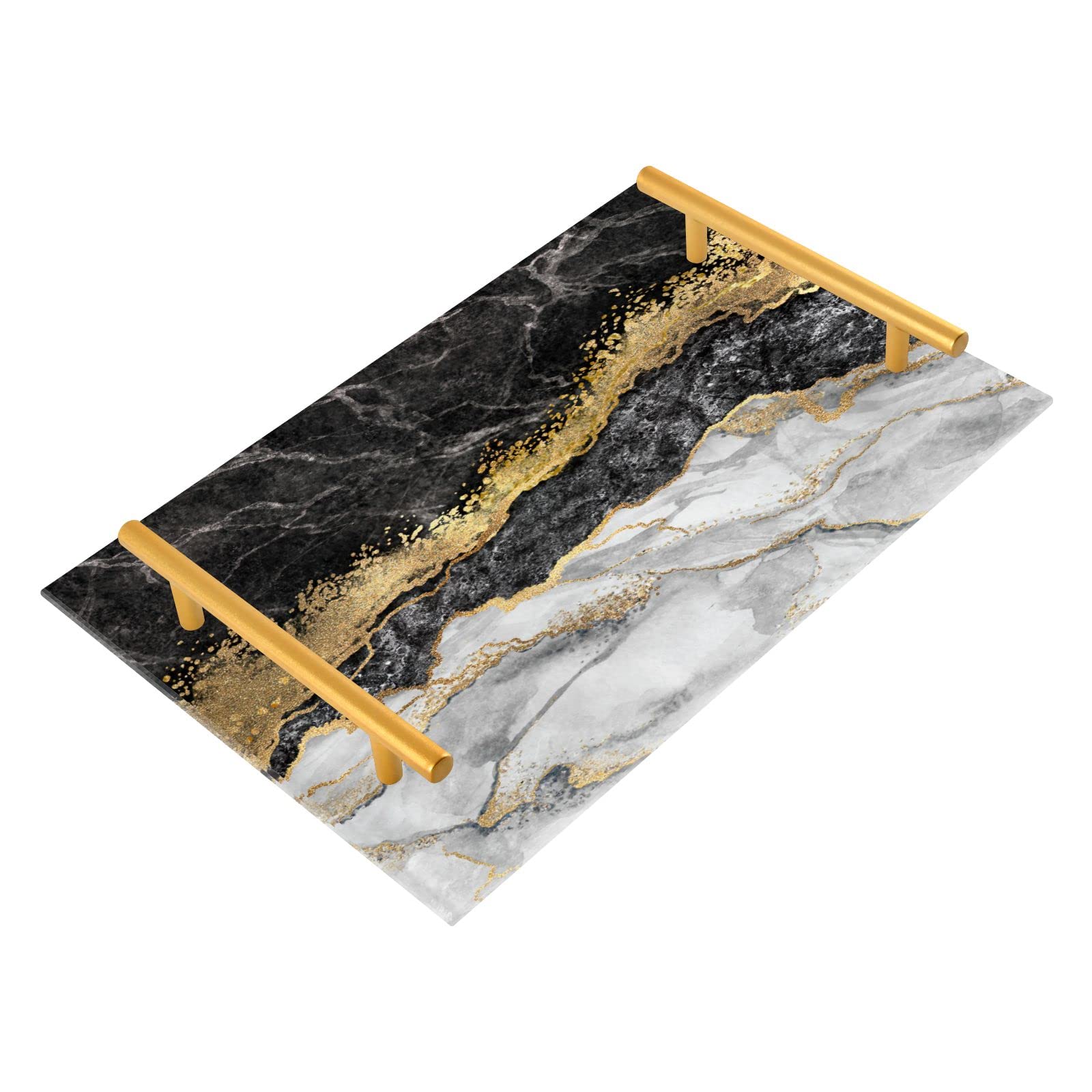 Abstract Black & Gold Marble Serving Tray with Handles - Decorative Vanity Tray for Bathroom Counter, Kitchen, Coffee Table - Perfect for Jewelry, Perfume & Farmhouse Decor
