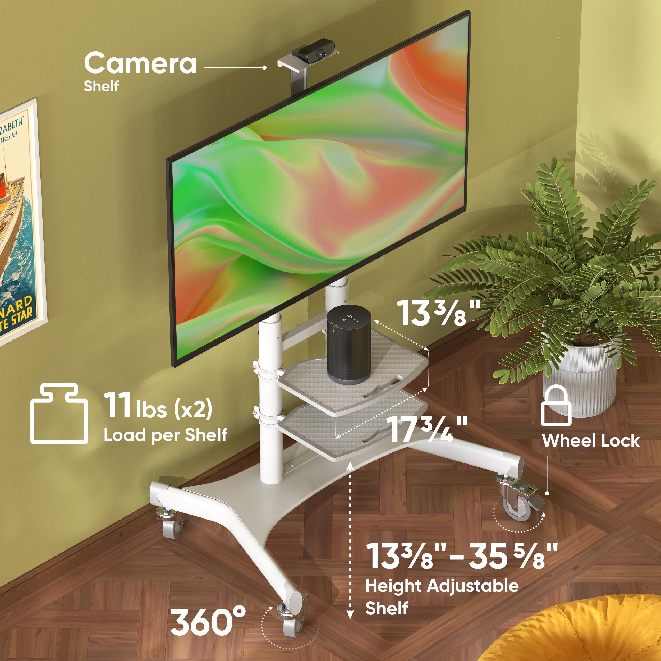 ONKRON Mobile TV Stand on Wheels for 50-86 Inch TVs up to 200 lbs - Height Adjustable Rolling TV Cart with Shelves, Max VESA 800x500 - White | Perfect for Living Rooms, Classrooms, and Office Presentations