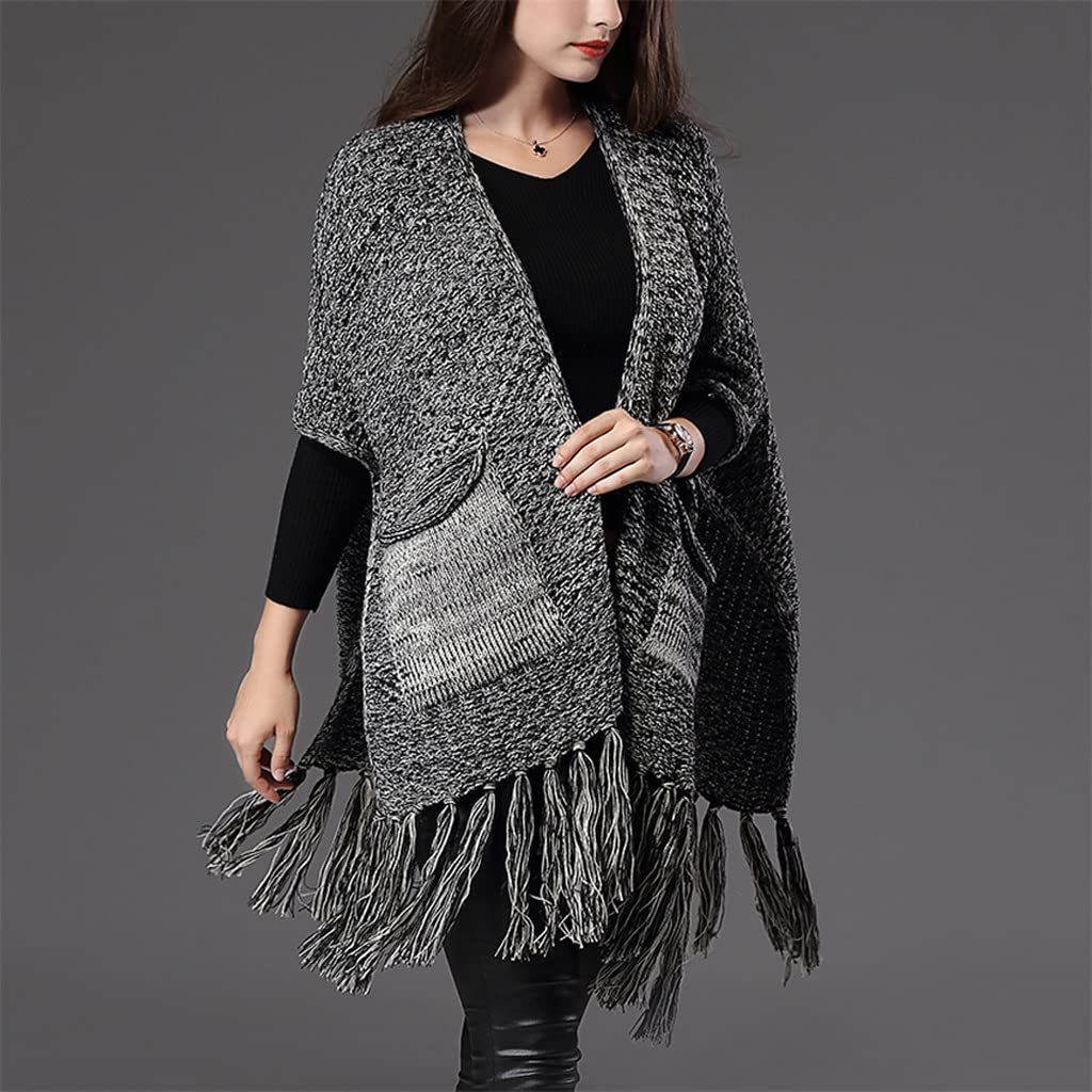 GELTDN Women's Warm Winter Cape Shawl Cardigan - Plus Size Loose Poncho with Tassels & Pockets (Gray, One Size) - Cozy Outerwear for Fall & Winter, Perfect for Casual Outings, Office Wear & Travel