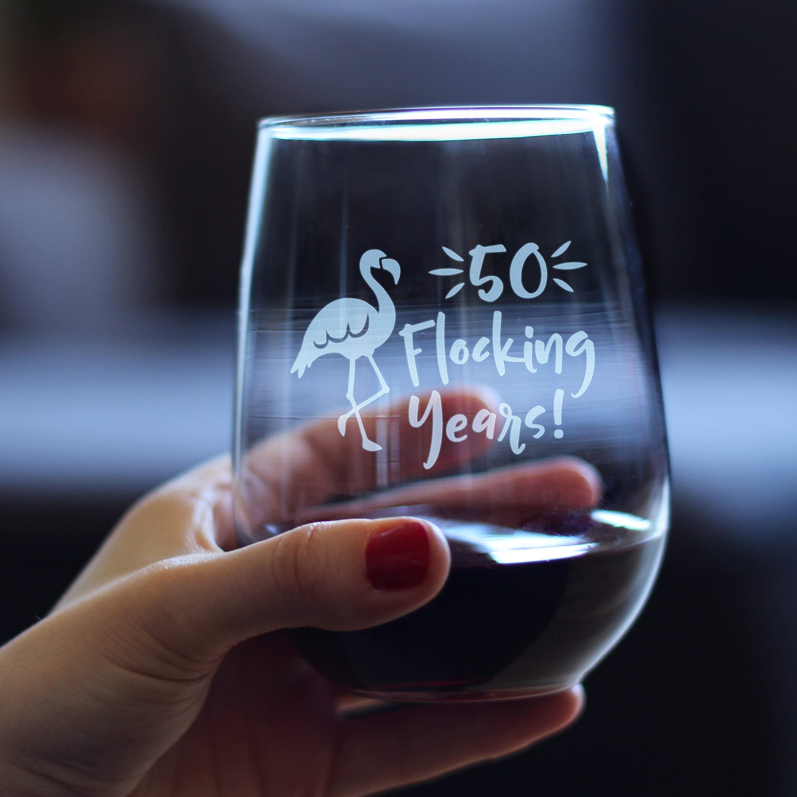 50 Flocking Years - Funny Flamingo Stemless Wine Glass for 50th Birthday, Anniversary or Reunion Gift - Large 15oz Tumbler - Perfect for Pool Parties, Bachelorette Gifts & Tropical Themed Celebrations