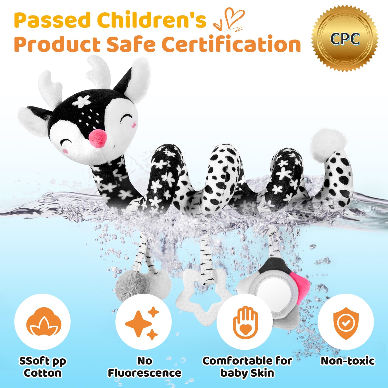 Black and White High Contrast Baby Car Seat Toys for 0-12 Months - Spiral Activity Plush Stroller Hanging Toys for Newborns & Infants (Boy & Girl) | Perfect for Car Rides, Stroller Walks & Sensory Development