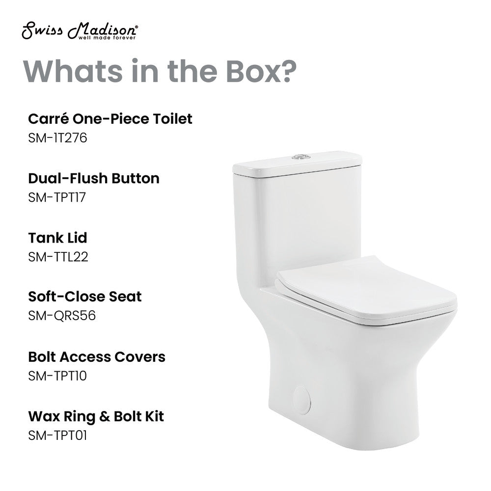Square One-Piece Toilet with Dual Flush 1.1/1.6 GPF - 10-Inch Rough-In - Modern Water-Saving Bathroom Fixture for Small Spaces & Contemporary Homes