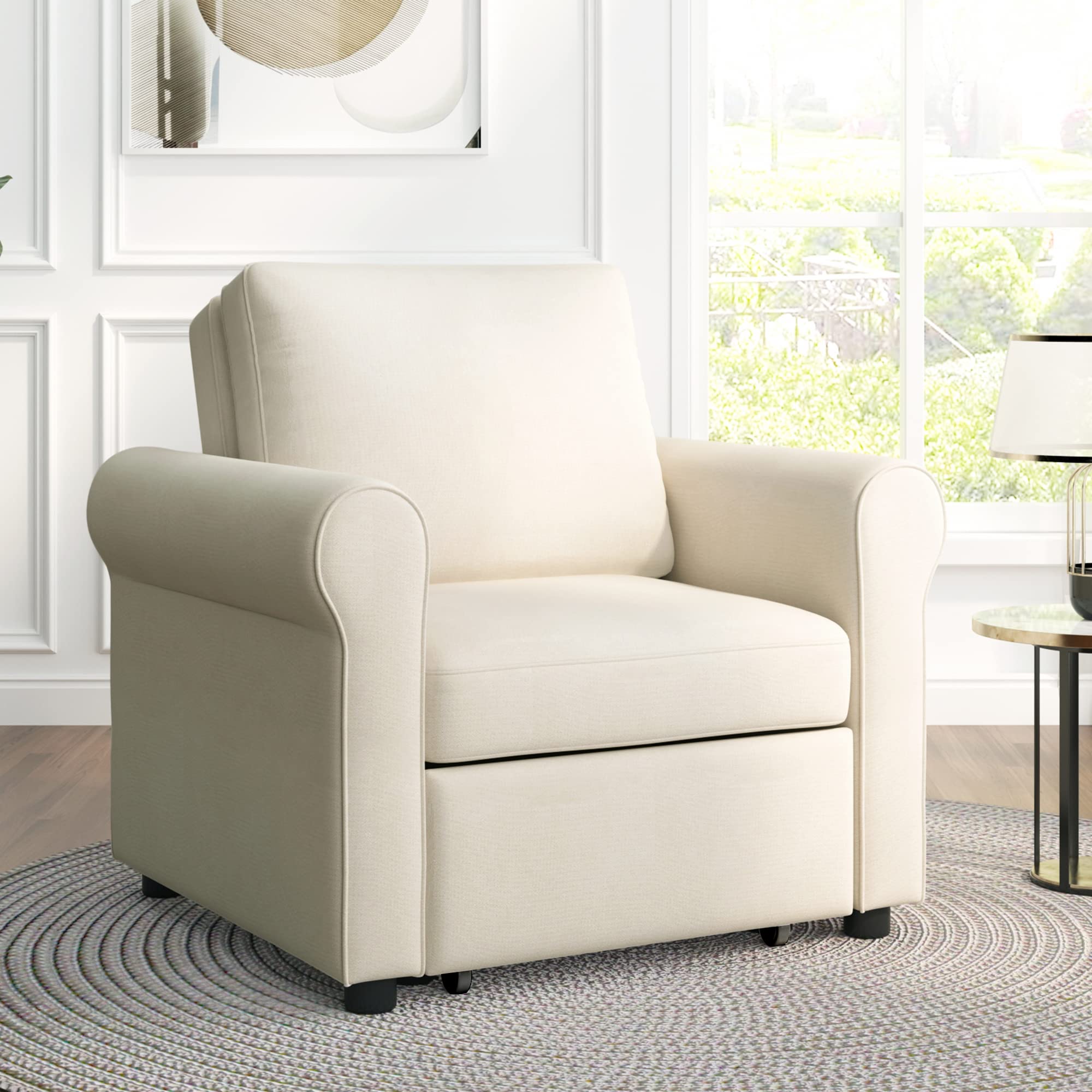 3-in-1 Pull Out Sleeper Chair Convertible to Single Bed - Comfortable Sofa Bed for Small Spaces, Guest Room & Studio Apartments - Beige