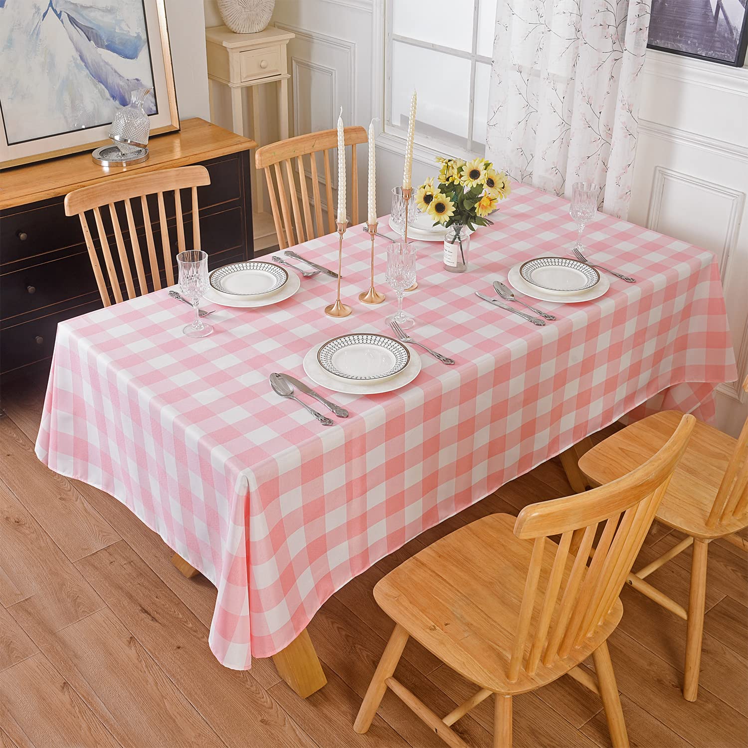2 Pack Waterproof Polyester Checkered Tablecloth 60x84 Inch - Oil & Stain Resistant Rectangular Table Cover for Outdoor Picnics, Parties, BBQs, and Dining (Pink & White) | Perfect for Patio, Garden, and Indoor Decor