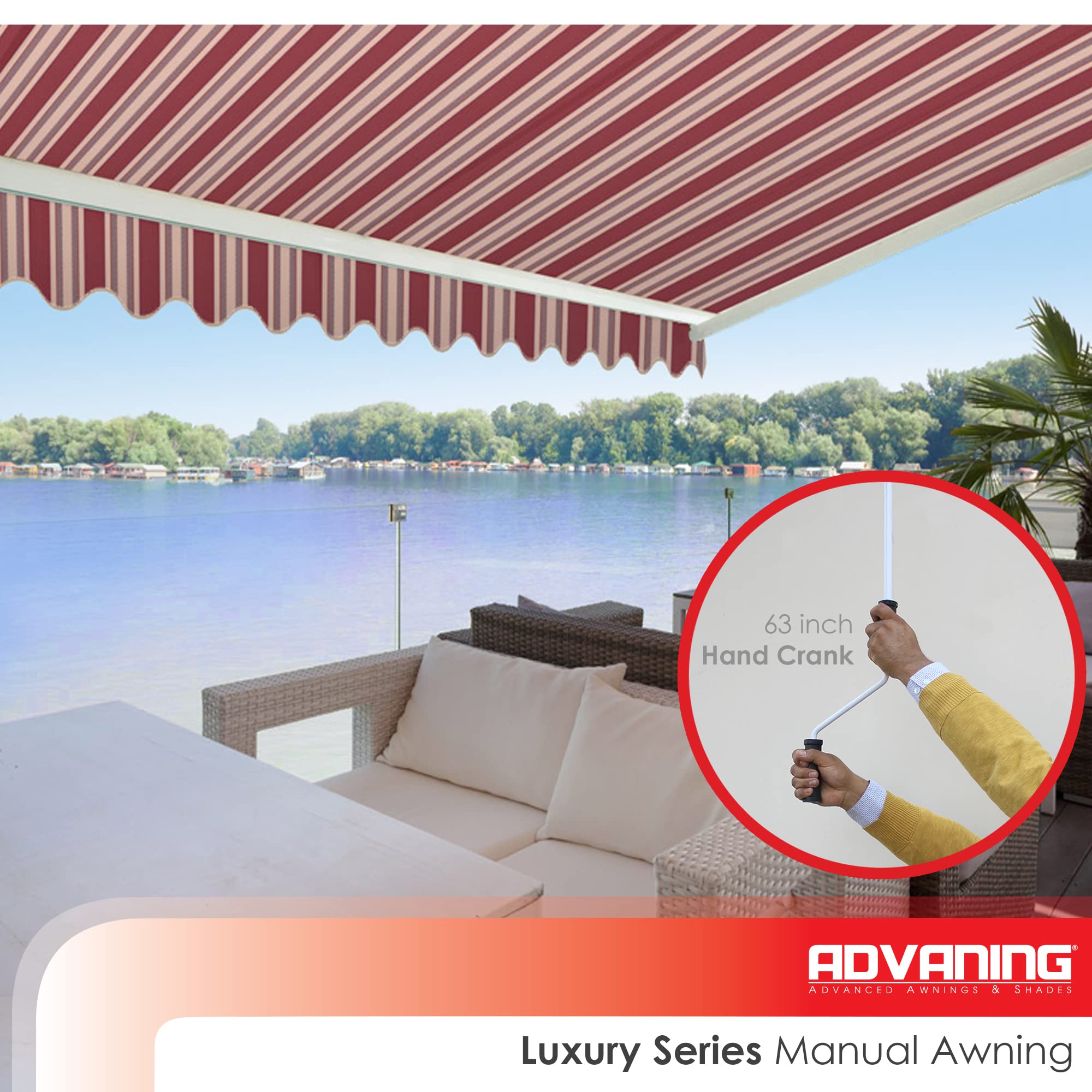 Premium Manual Retractable Patio Awning - 8' x 6' Brick Red & Sand Beige Stripes | 100% Solution Dyed European Acrylic | UV Protection & Easy Hand Crank | Perfect for Outdoor Shade, Deck, Garden & Backyard Relaxation