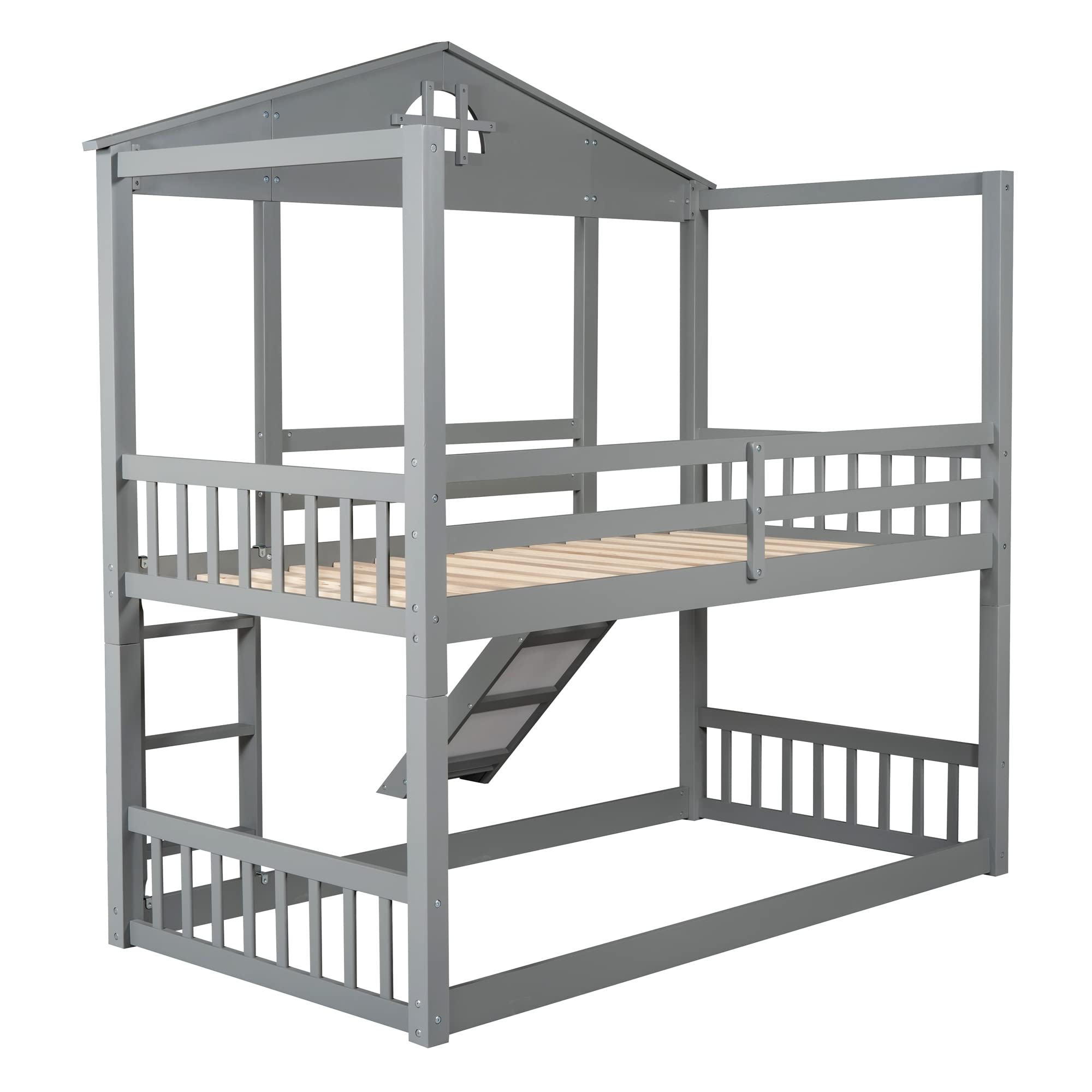 Convertible Twin Over Twin Bunk Bed with Slide & Ladder - Gray & Pine Wood - Transforms into 2 Separate Platform Beds - Perfect for Kids' Bedrooms, Guest Rooms & Small Spaces