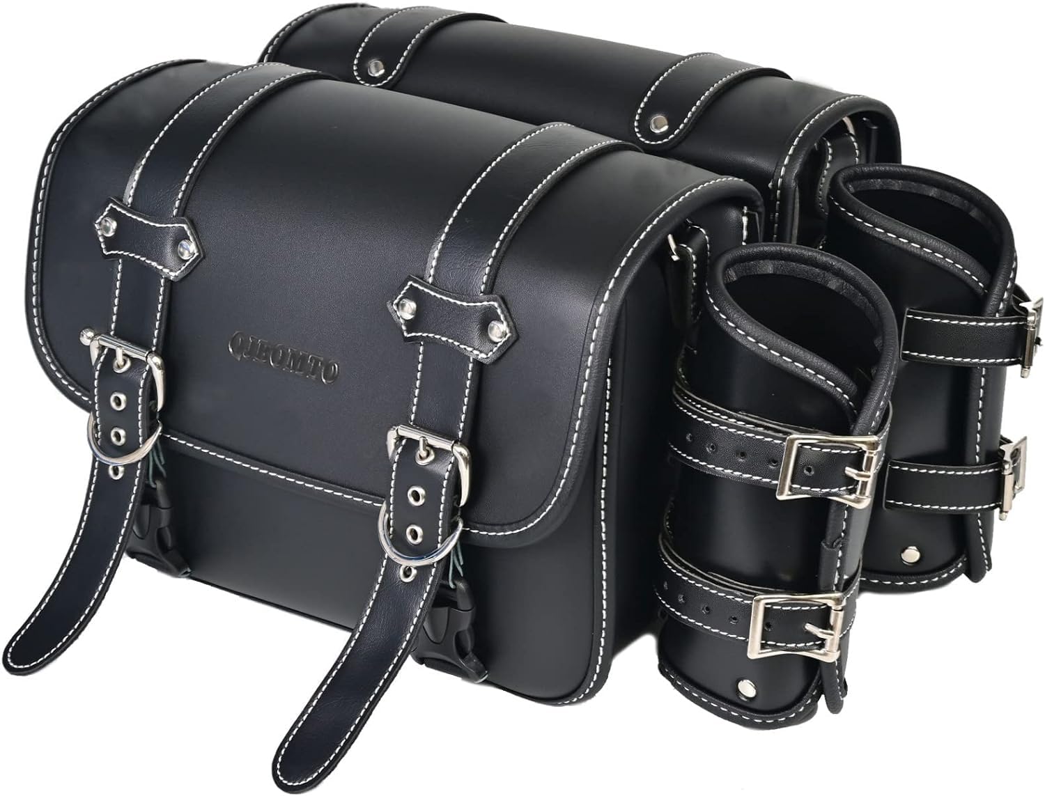 Premium High-Density Leather Motorcycle Saddlebags - Waterproof Throw Over Panniers with Cup Holder & Side Tool Bag - Universal Fit for Harley, Cruiser & Touring Bikes (1 Pair, Black) - Perfect for Long Rides, Road Trips & Daily Commuting