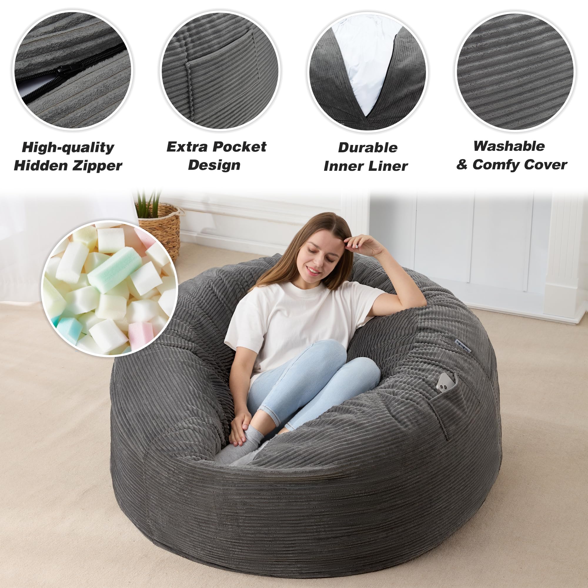 Ultra Soft HABUTWAY Giant Bean Bag Chair with Washable Corduroy Cover - Convertible from Chair to Mattress - Large Cordoroys Bean Bags for Adults, Couples & Family - Perfect for Living Rooms, Game Rooms & Dorm Lounges (Grey Full)