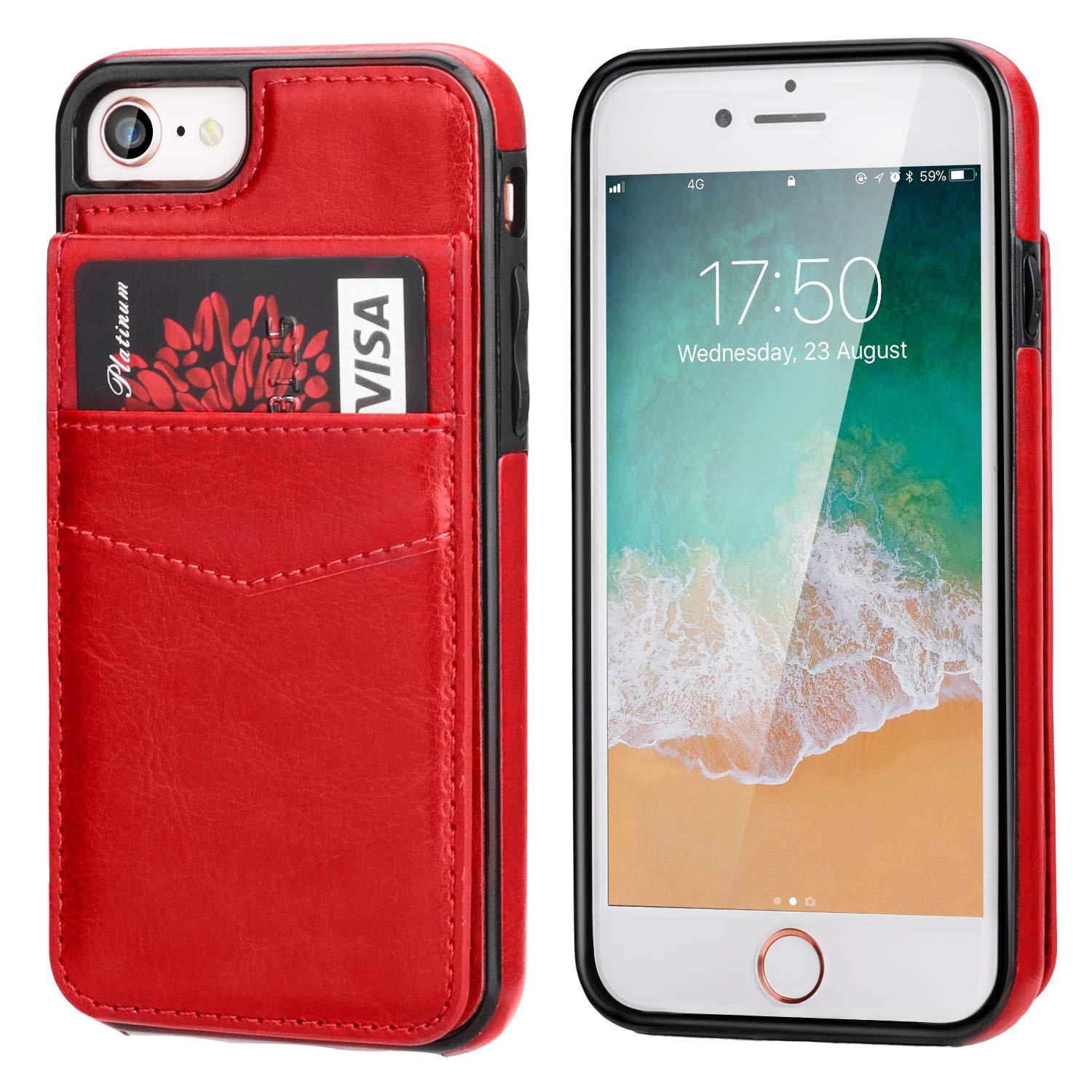 Premium Leather iPhone SE / 7 / 8 Wallet Case with Magnetic Clasp & Kickstand - Heavy Duty Protective Cover with Credit Card Holder for 4.7 Inch Models (Red) - Perfect for Business Travel & Everyday Use