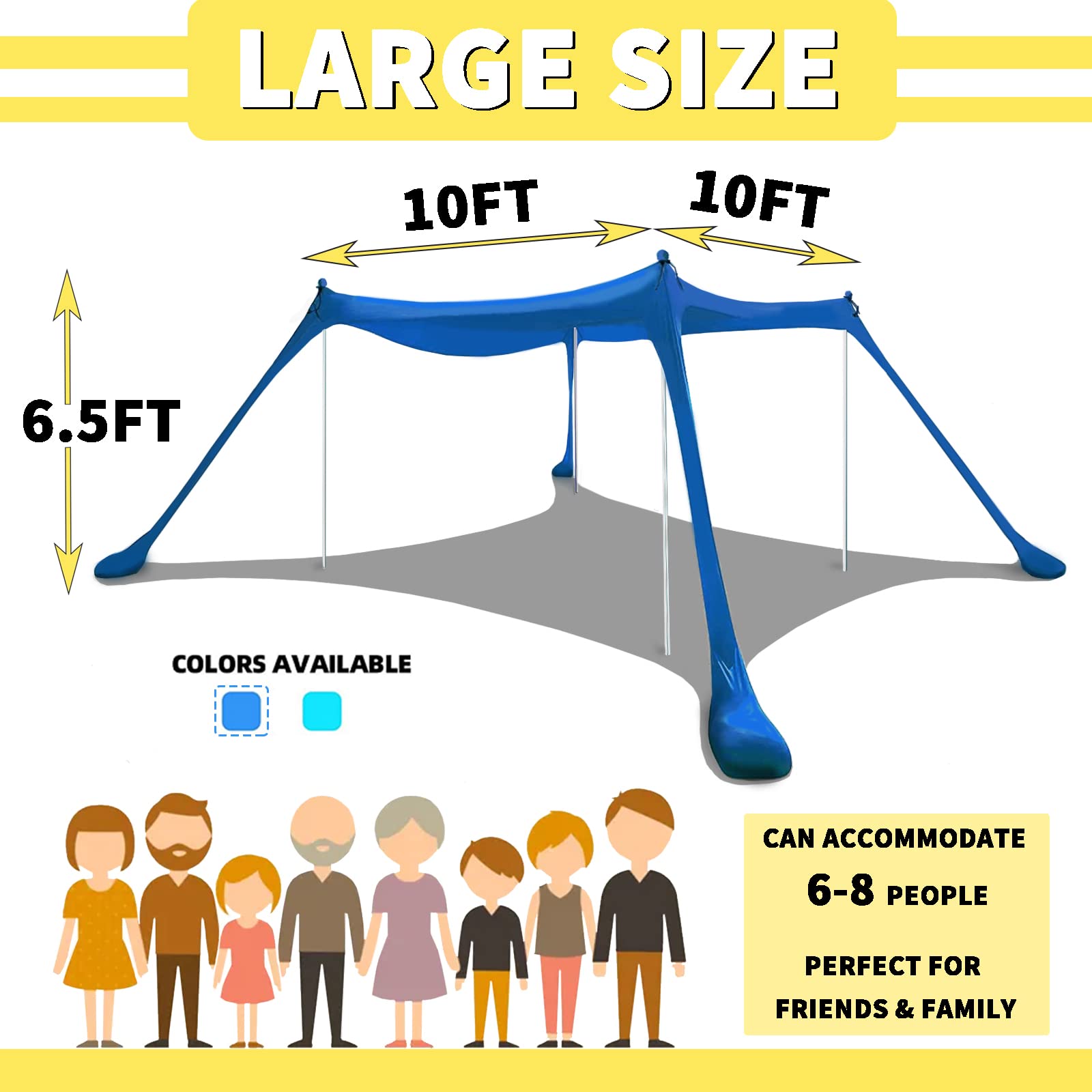 AMOSSO 10x10FT Pop Up Beach Tent with UPF50+ Sun Protection - Portable Sun Shelter with 4 Aluminum Poles, 8 Elastic Ropes & Sand Shovel - Perfect for Camping, Fishing, Backyard & Beach Days (Royal Blue)