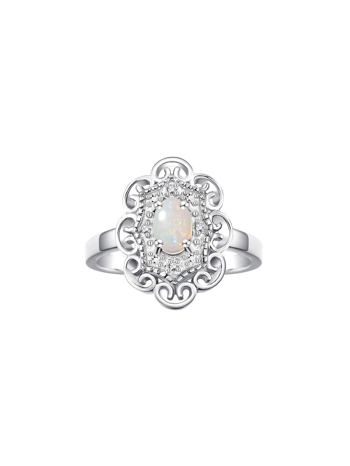 RYLOS Simply Elegant Floral Pattern Opal & Diamond Ring - October Birthstone Jewelry for Women | Perfect Gift for Anniversary, Birthday & Special Occasions