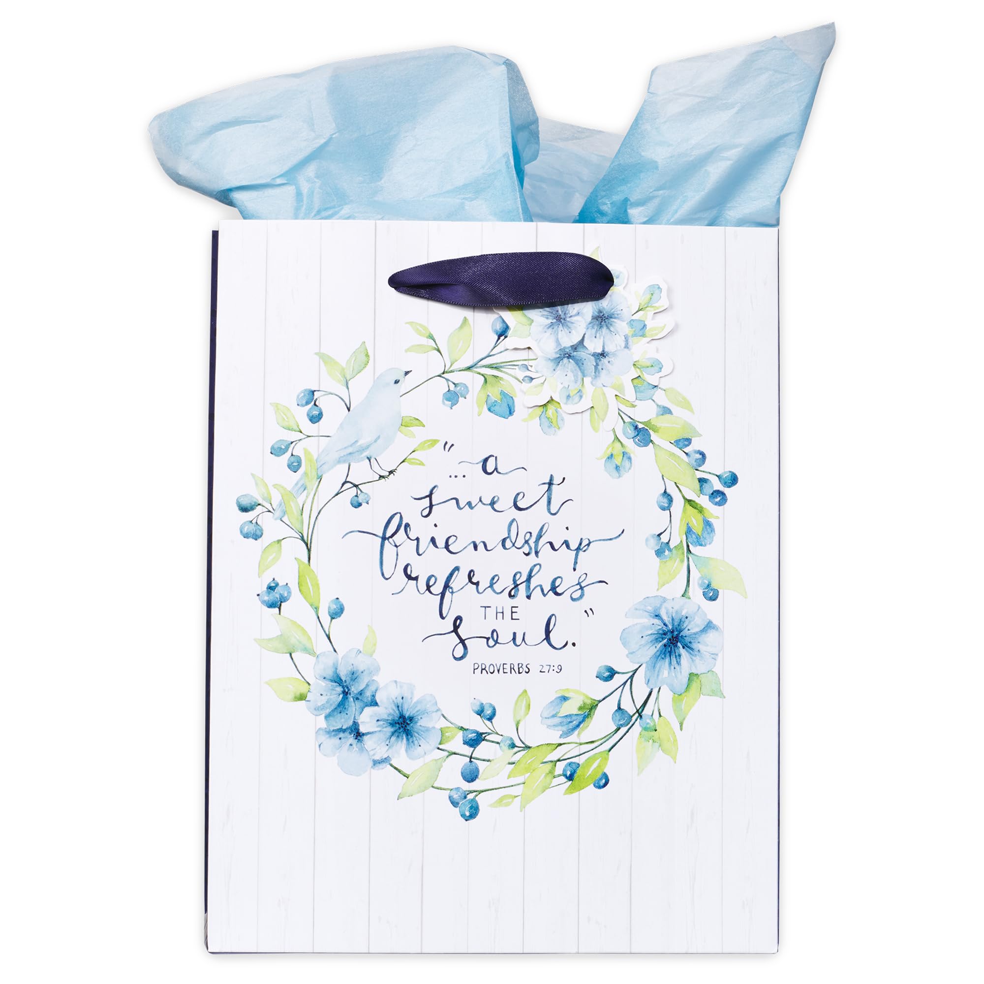 Christian Art Gift Bag Set - Blue Floral Bible Verse Proverbs 27:9 for Friend Gifts & Party Favors