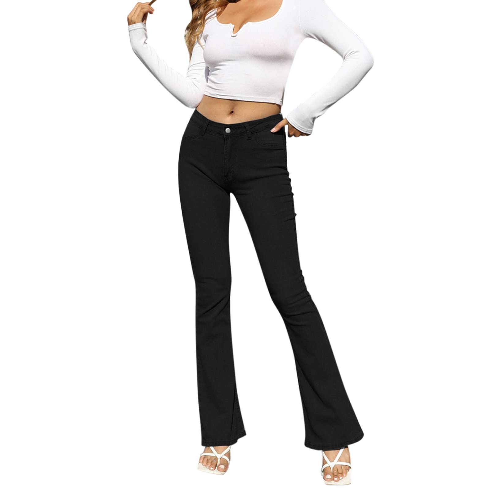Women's Slim Fit Mid Rise Bootcut Jeans - Size 0, Casual Waist Cut Trousers for Everyday Wear & Office Outfits