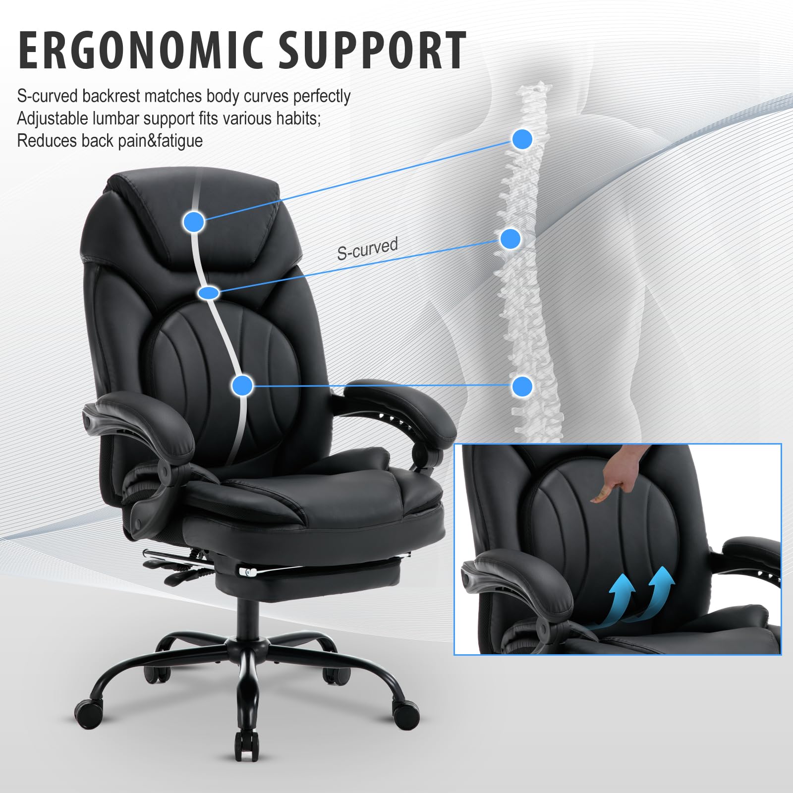 350lbs Heavy Duty Reclining Office Chair with Lumbar Support & Footrest - PU Leather Executive Desk Chair with Wide Seat, Ergonomic Design & Smooth Rolling Wheels - Perfect for Home Office, Gaming & Conference Rooms (Black)