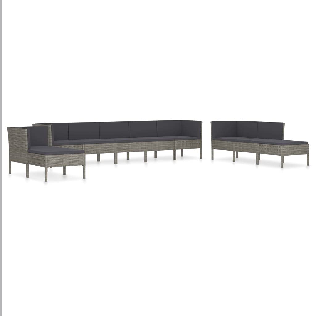 vidaXL 10-Piece Gray Poly Rattan Patio Lounge Set with Cushions - Durable Outdoor Furniture for Garden, Deck & Backyard - Perfect for Relaxing, Entertaining & Sunbathing