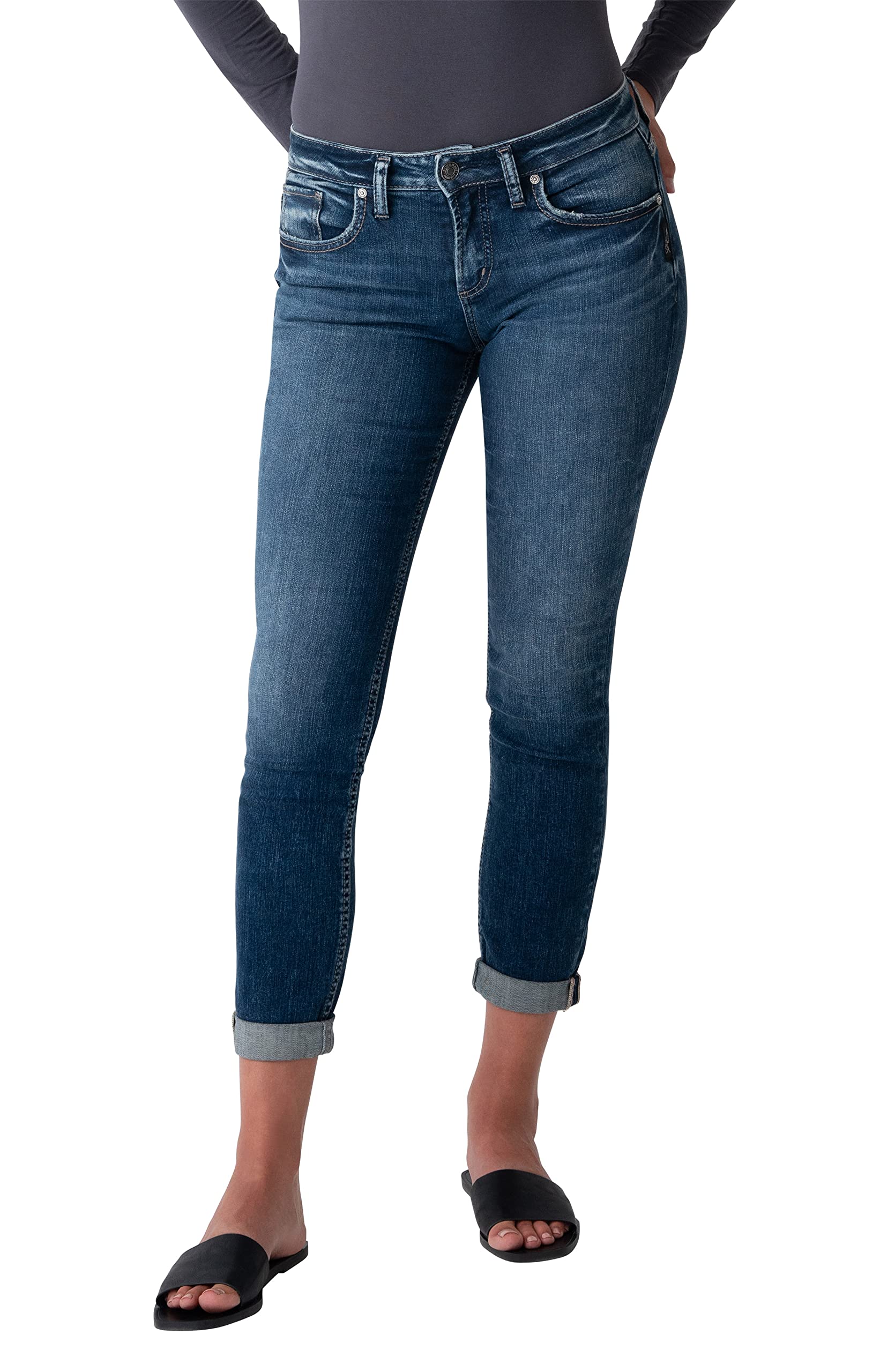 Silver Jeans Co. Women's Boyfriend Mid Rise Slim Leg Jeans - Comfortable Stretch Denim Pants for Casual Wear & Everyday Outfits