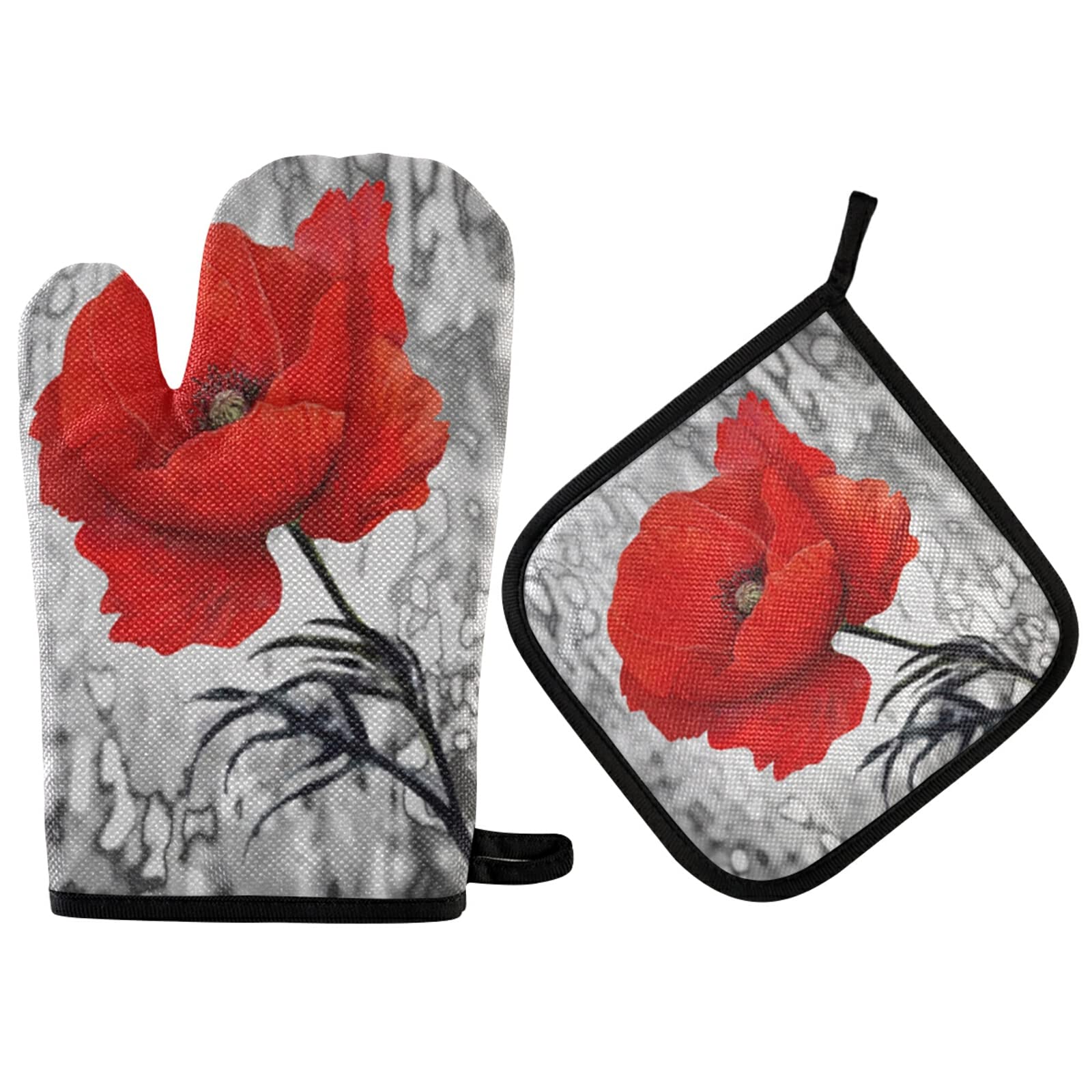 QUGRL Vintage Grey Oil Paintings Red Poppies Oven Mitts & Pot Holders Set - Heat Resistant Kitchen Gloves for Cooking, Baking, BBQ - Perfect for Handling Hot Pans, Bakeware & Cookware