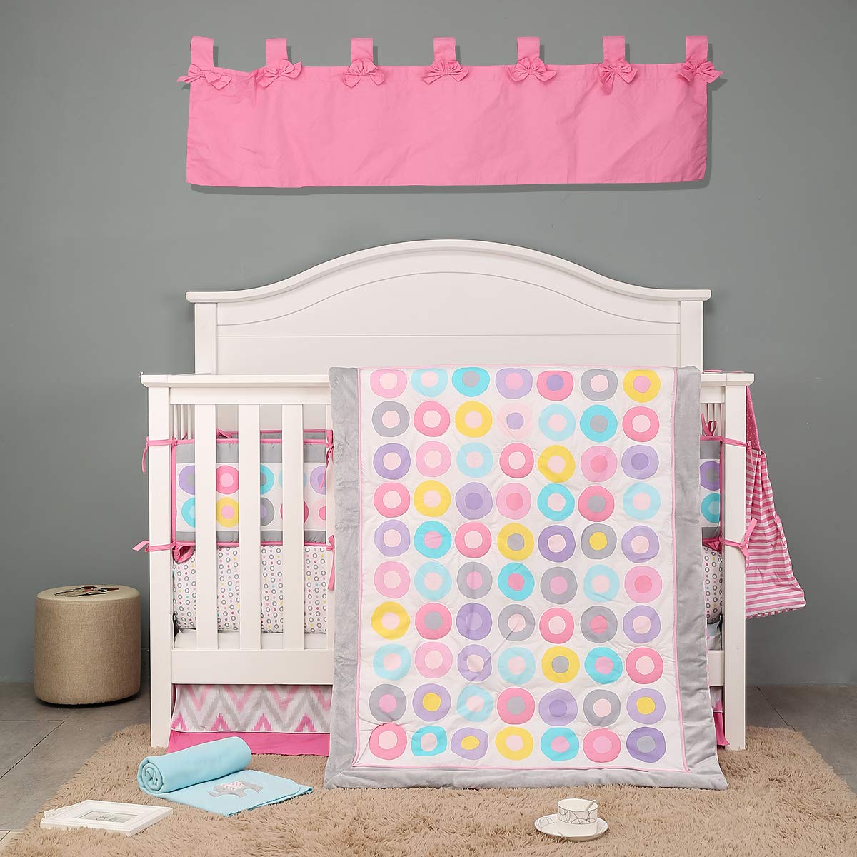 Soft Cotton Baby Crib Bedding Set - 10 Piece Pink Nursery Set for Girls with Colorful Circles Design | Breathable Cradle Bedding for Newborns & Infants | Perfect for Nurseries, Daycares & Baby Showers