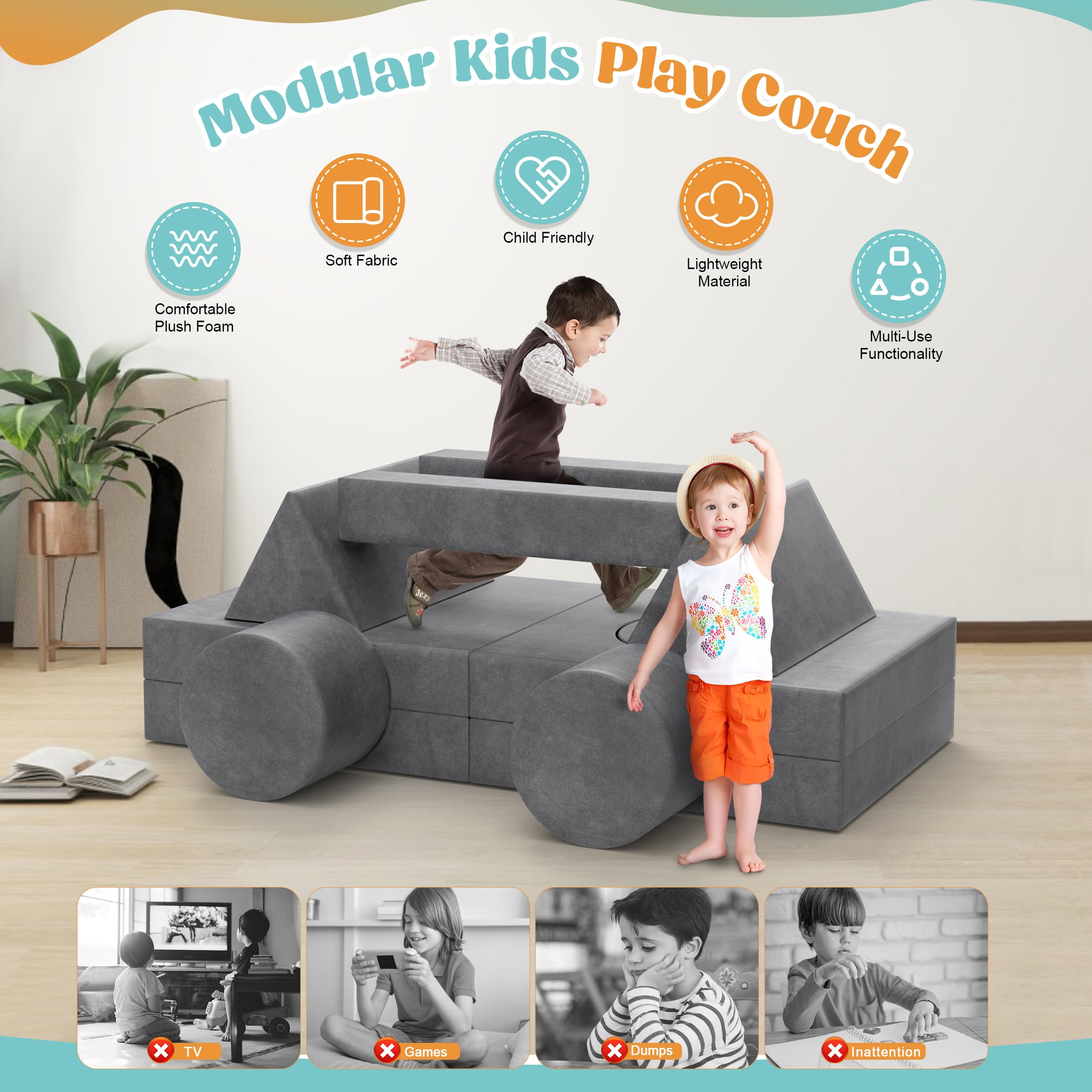 13-Piece Modular Kids Play Couch Set - Large Convertible Foam Sofa for Boys & Girls | DIY Building Fort, Sectional Floor Cushion for Creative Play | Perfect for Playrooms, Bedrooms & Indoor Adventures (Grey)