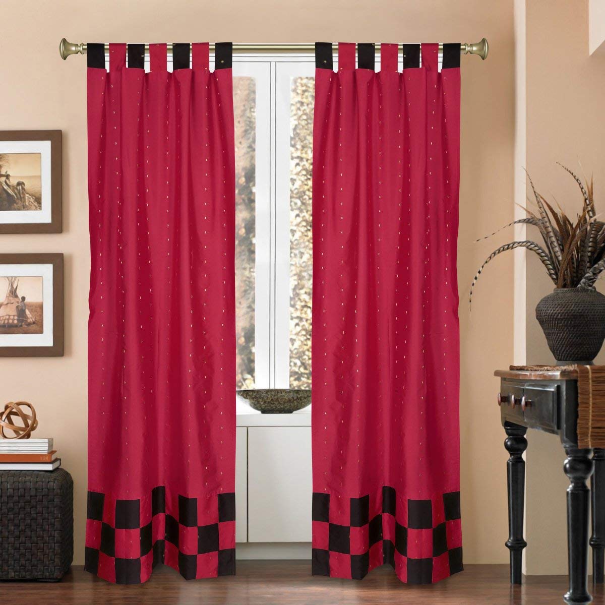 2-Panel Eclectic Red Indian Sari Curtains Tab Top Window Drapes 36