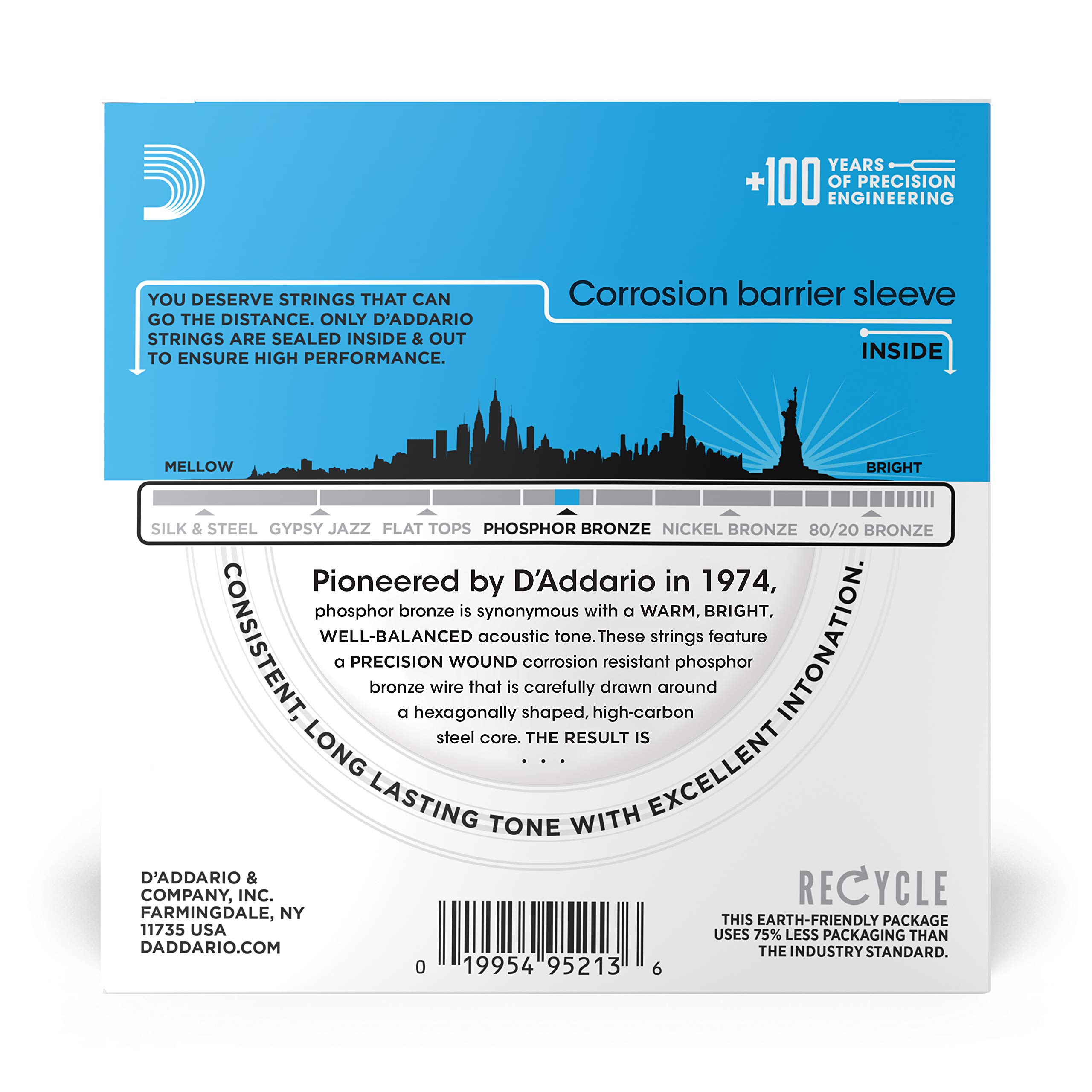 D'Addario EJ16-10P Phosphor Bronze Acoustic Guitar Strings - Light Gauge 12-53, 6-String Set (Pack of 10) - Perfect for Folk, Country & Fingerstyle Playing