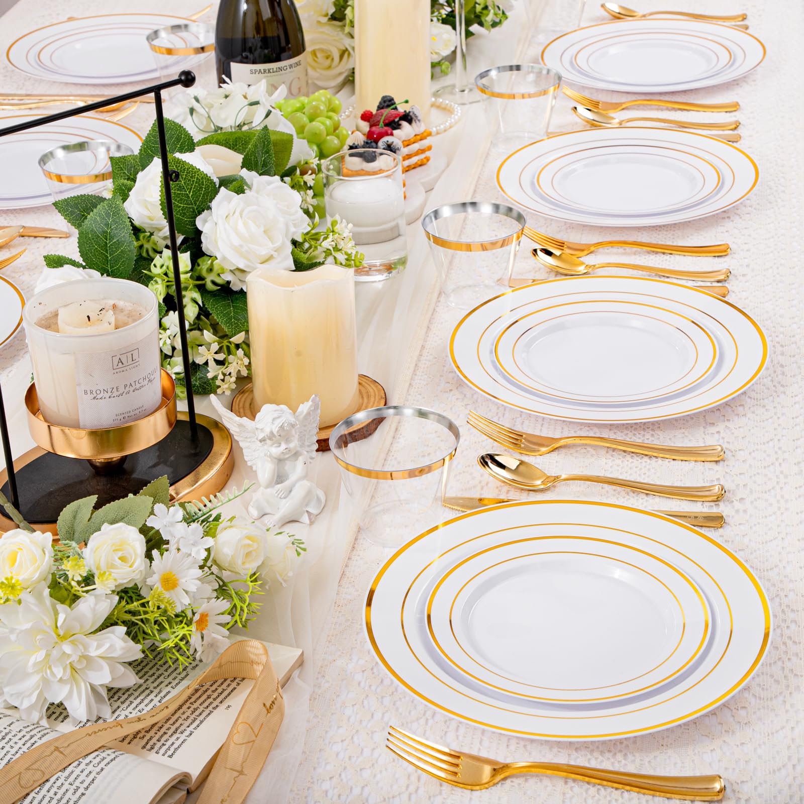 150-Piece Gold Plastic Dinnerware Set Disposable - Heavy Duty Gold Plates, Forks, Knives, Spoons & Cups for 25 Guests | Includes 25 Dinner Plates, 25 Dessert Plates, 25 Forks, 25 Knives, 25 Spoons & 25 Cups | Perfect for Parties, Weddings, BBQs & Events
