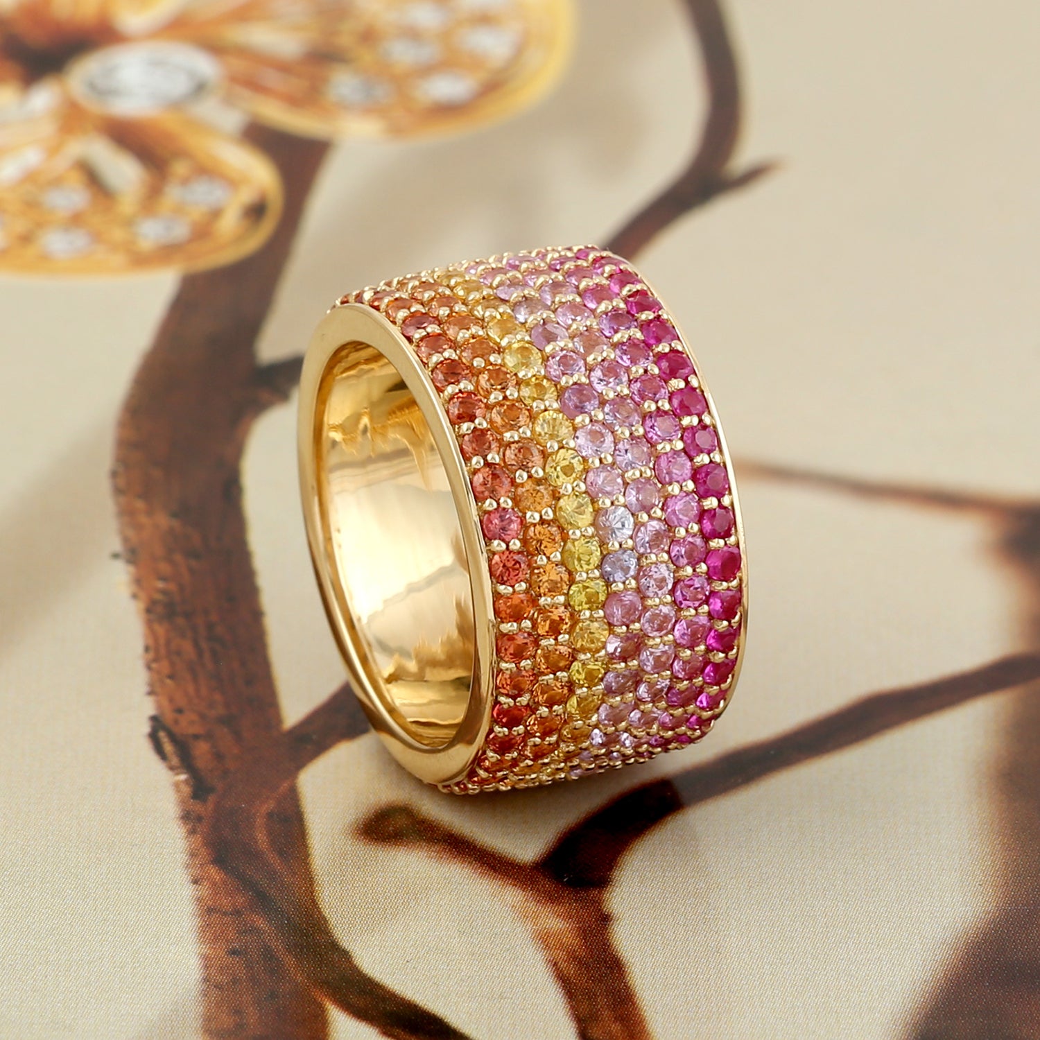 18K Yellow Gold Rainbow Sapphire Gemstone Pave Band Ring for Women - Elegant Stackable Jewelry for Anniversary, Birthday & Wedding Gifts