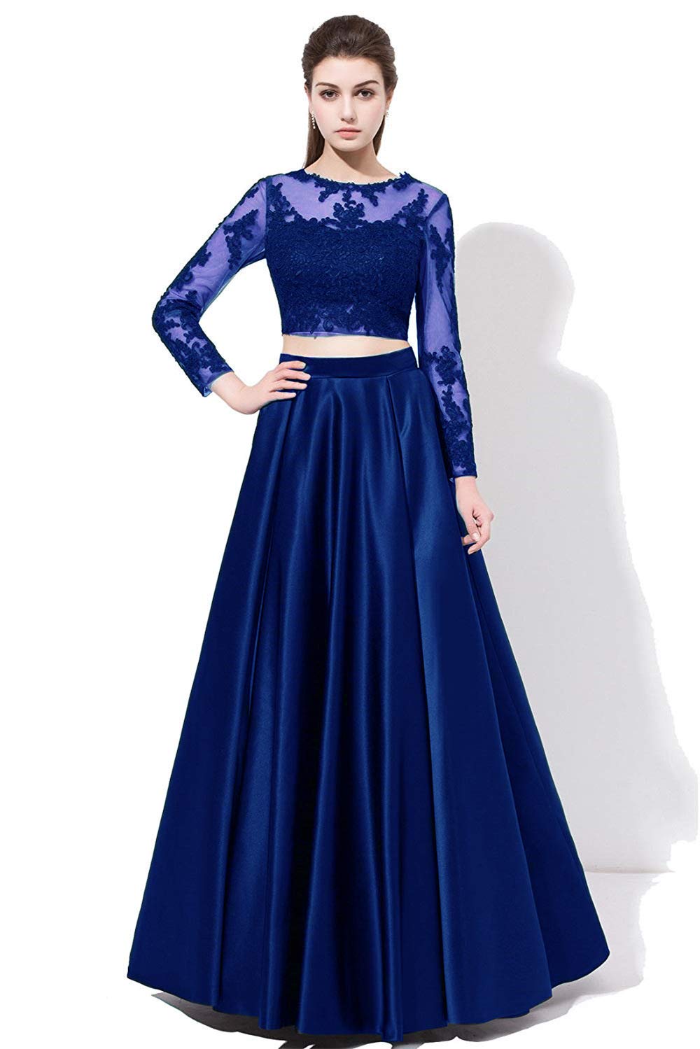 Liangjinsmkj Women's Elegant Long Sleeve Prom Dresses – 2 Piece Lace & Satin Formal Evening Gowns for Homecoming, Wedding, and Special Occasions