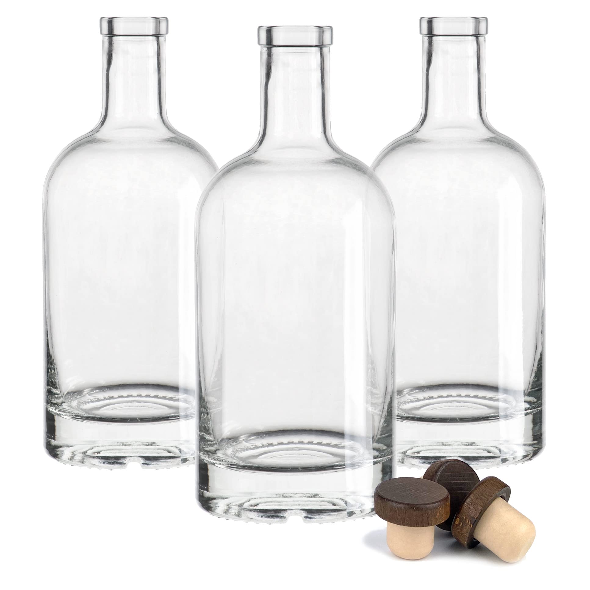 Nordic Style 750ml (25oz) Glass Bottles with Wooden Cork Caps - Set of 3 Clear Bar Top Bottles for Whiskey, Olive Oil & Vinegar Storage | Perfect for Home Bar, Kitchen & Gift Giving (NB7503PK)