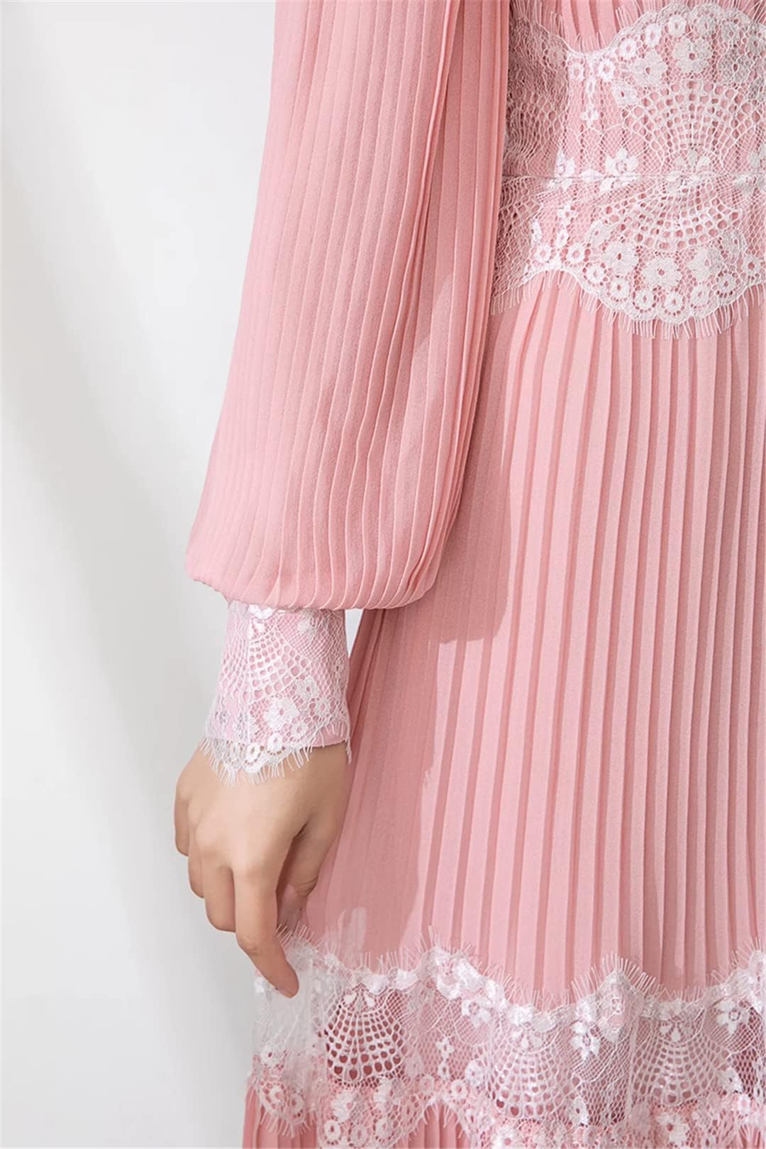 Elegant Women's Pleated Maxi Dress with Lantern Sleeves & Lace Patchwork - Pink & Black Flowy Party Dress for Spring, Fall, Holiday & Special Occasions