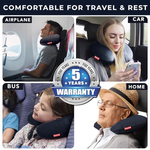 Ergonomic Polyester Travel Neck Pillow for Airplane, Car & Train - Orthopedic Support for Cervical Pain Relief - Blue Comfort Cushion with 5-Year Warranty | Perfect for Long Flights, Road Trips & Office Naps
