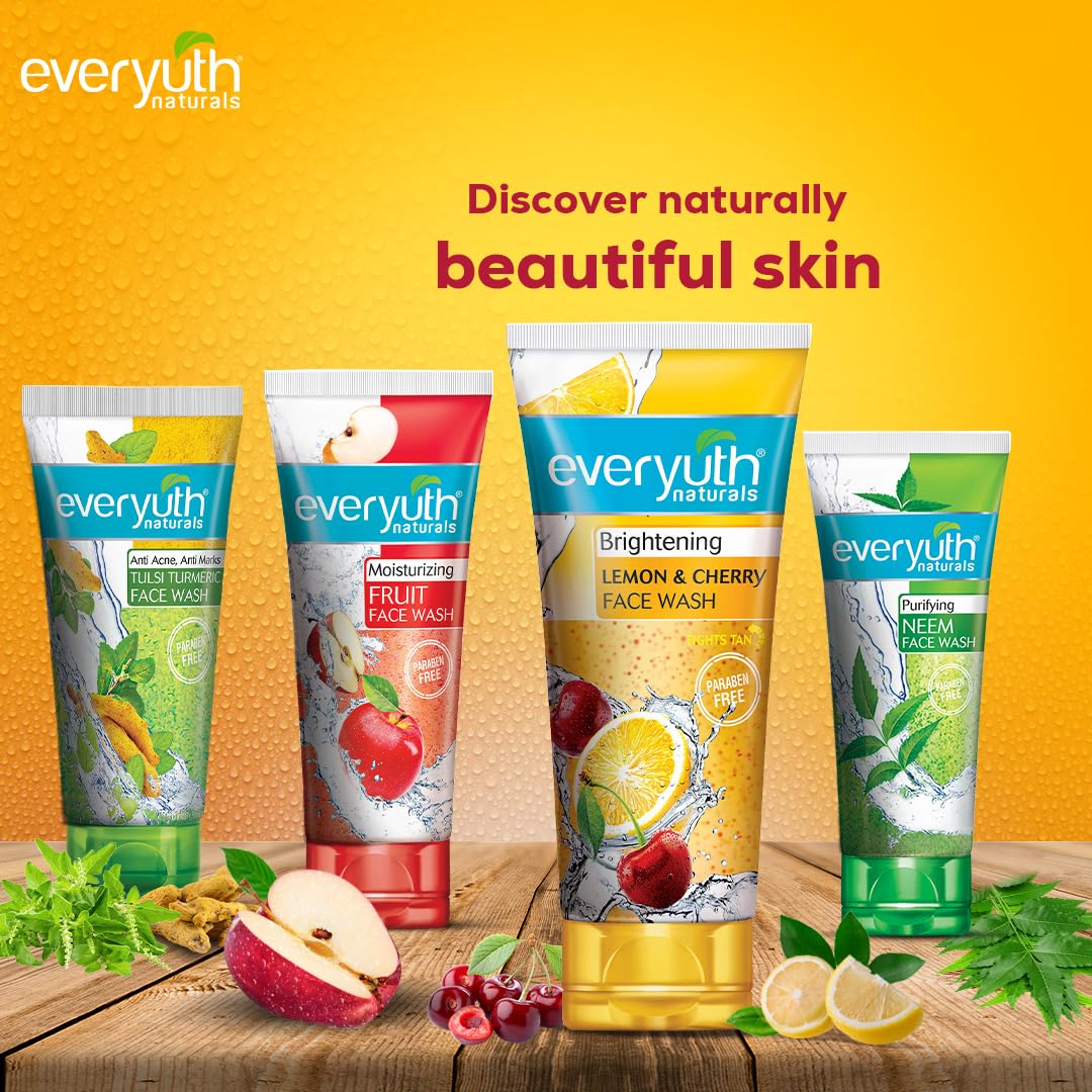 Everyuth Naturals Brightening Lemon & Cherry Face Wash for All Skin Types - Deep Cleansing, Oil Control & Tan Reduction, Removes Dirt & Oil, 100% Soap-Free & Paraben-Free (150g) - Perfect for Daily Skincare Routine & Glowing Skin