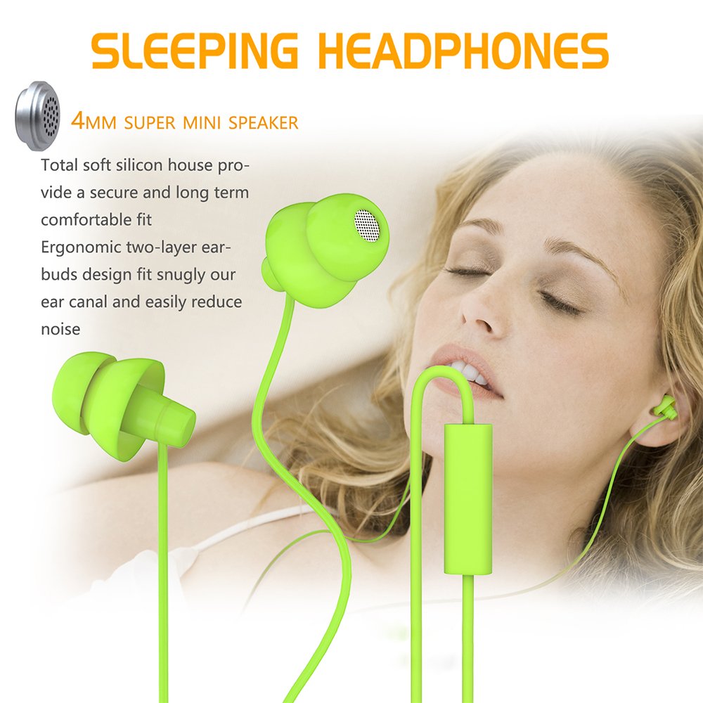 MAXROCK Total Soft Silicone Headphones with Microphone - Noise Isolating Sleep Earbuds for Travel, Work & Study - Compatible with iPhone, Android, Tablets & 3.5mm Jack Devices (Green)