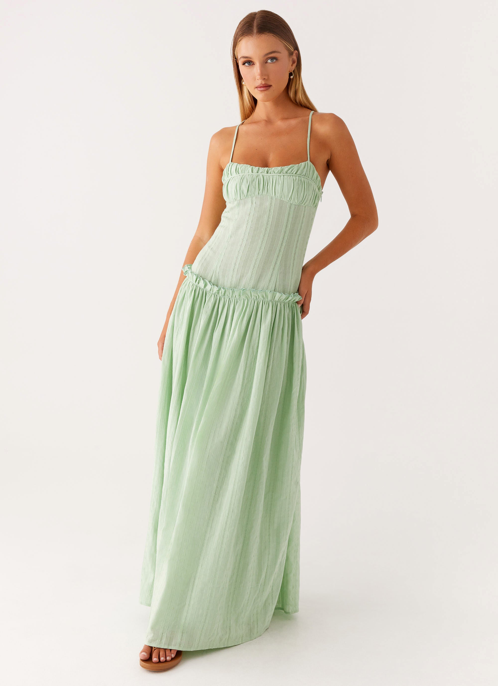 Jacinda Drop Waist Maxi Dress in Sage Green - Elegant Flowy Long Dress for Women, Perfect for Weddings, Parties & Summer Vacations
