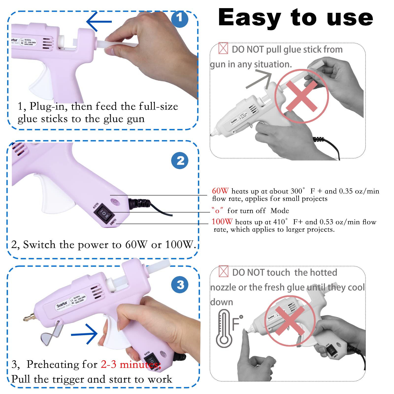 **60W/100W Dual Power Full-Size Hot Glue Gun with 2 Nozzles & 15 Glue Sticks - 9.8ft Extra-Long Cord, High Temp Industrial Glue Gun with ON/OFF Switch & Carrying Case (Purple) - Perfect for DIY Crafts, Home Repairs, Woodworking & Scrapbooking**